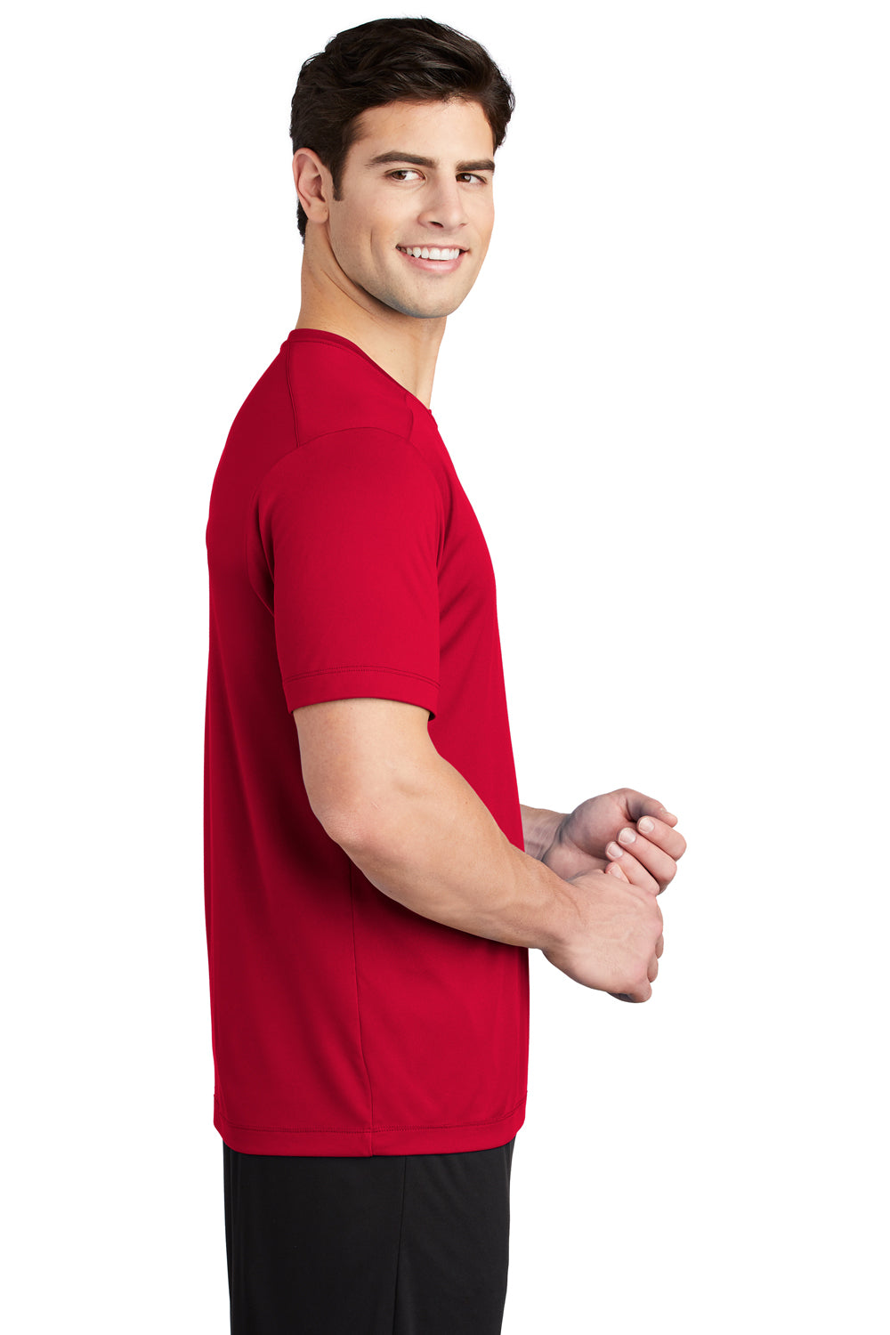 Sport-Tek ST420 Mens Moisture Wicking Short Sleeve Crewneck T-Shirt True Red Model Side