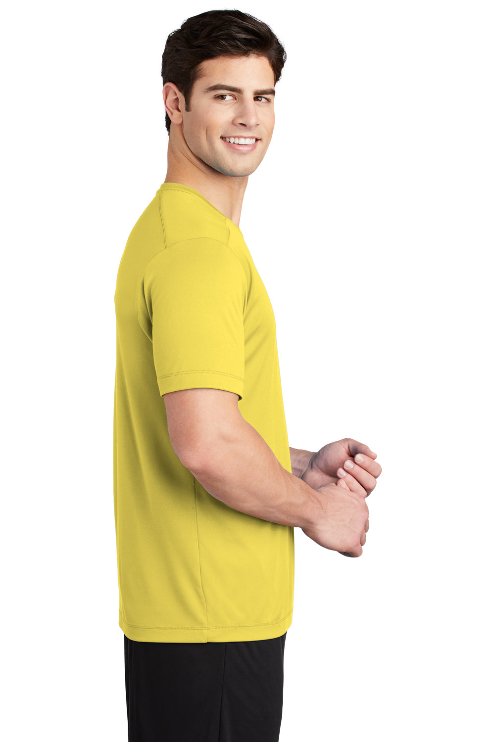 Sport-Tek ST420 Mens Moisture Wicking Short Sleeve Crewneck T-Shirt Yellow Model Side