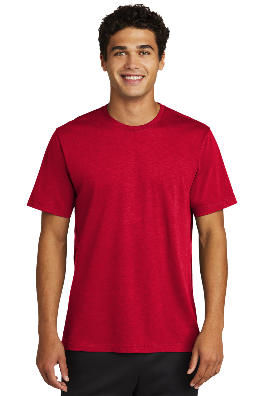 Sport-Tek ST430 Mens Strive Moisture Wicking Short Sleeve Crewneck T-Shirt Deep Red Model Front