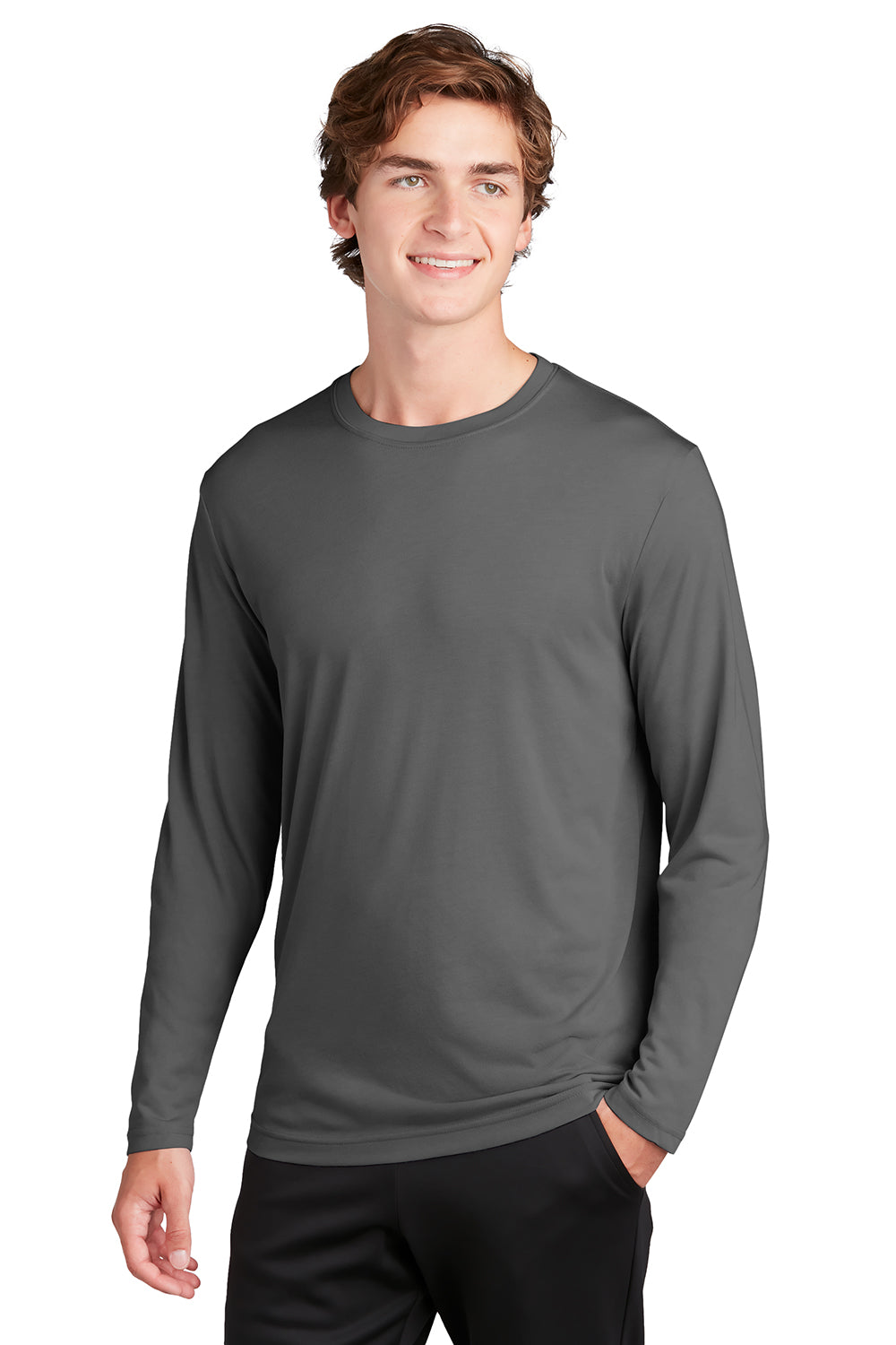 Sport-Tek ST450LS Mens Competitor Moisture Wicking Long Sleeve Crewneck T-Shirt Dark Smoke Grey Model Front