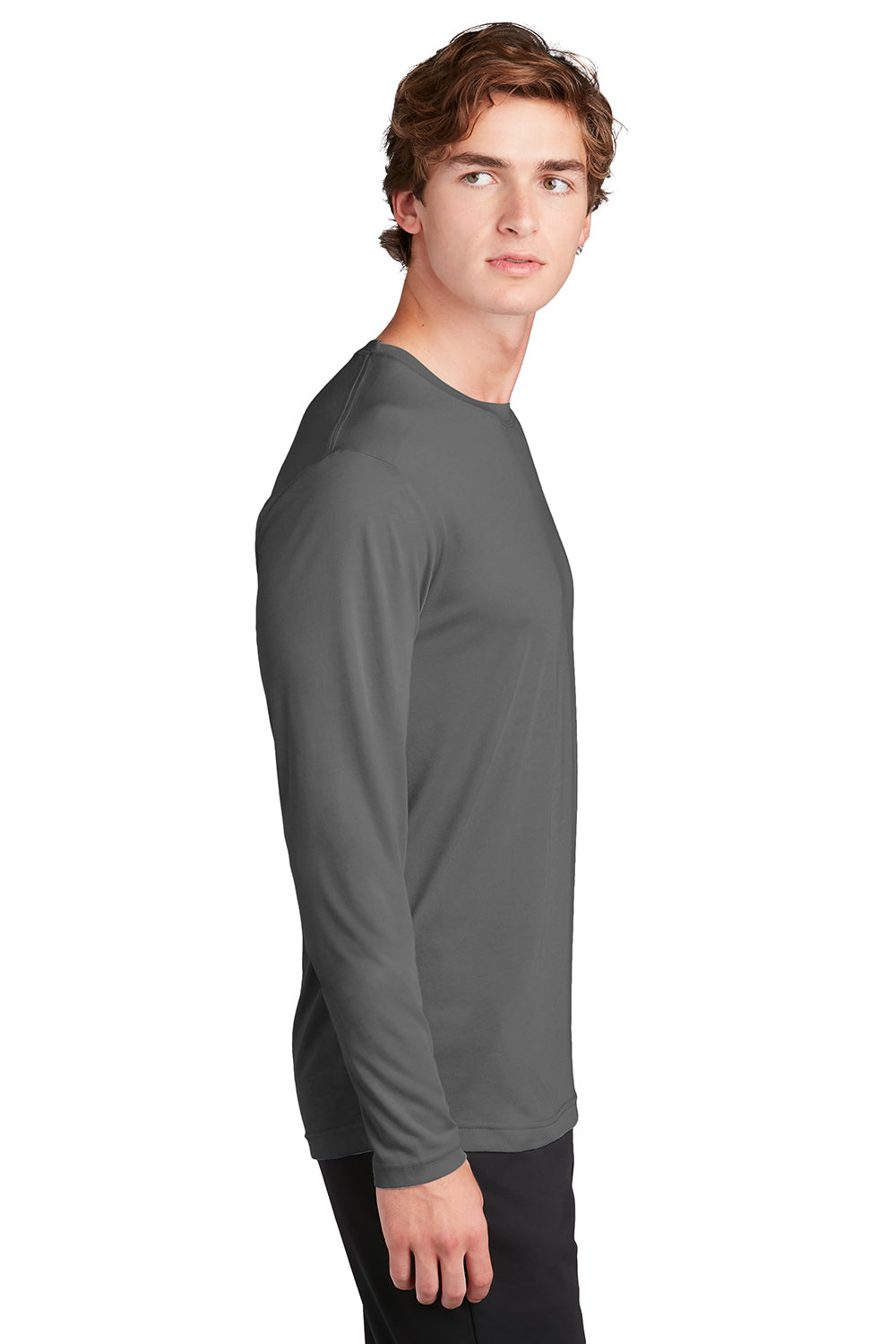 Sport-Tek ST450LS Mens Competitor Moisture Wicking Long Sleeve Crewneck T-Shirt Dark Smoke Grey Model Side