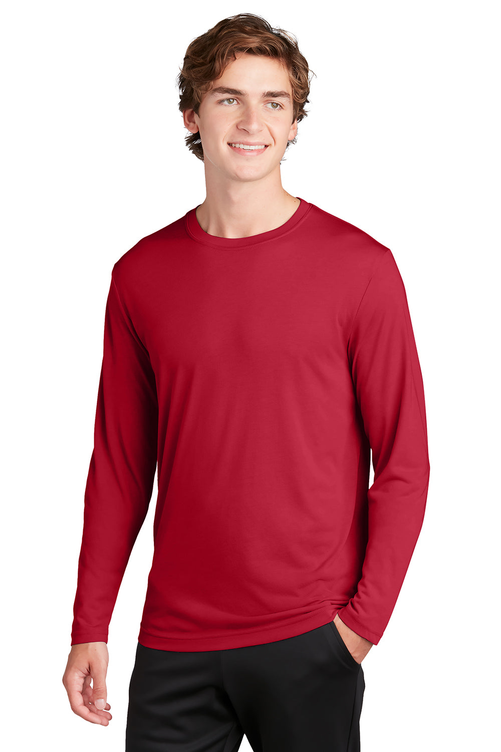 Sport-Tek ST450LS Mens Competitor Moisture Wicking Long Sleeve Crewneck T-Shirt Deep Red Model Front