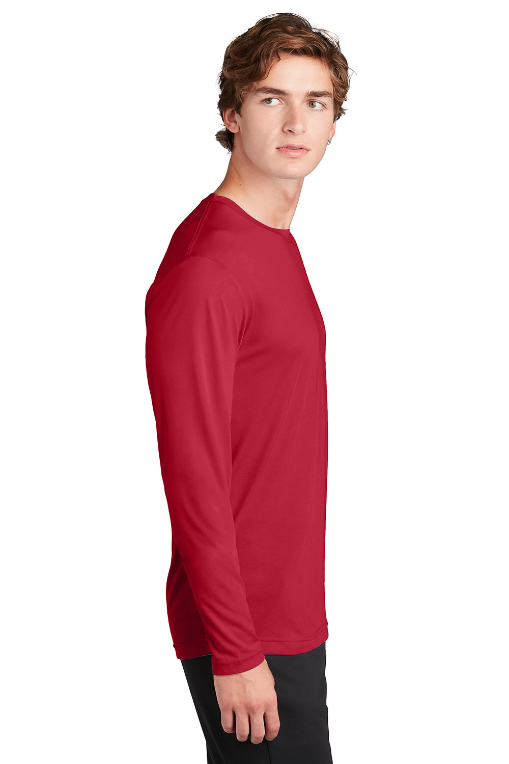 Sport-Tek ST450LS Mens Competitor Moisture Wicking Long Sleeve Crewneck T-Shirt Deep Red Model Side