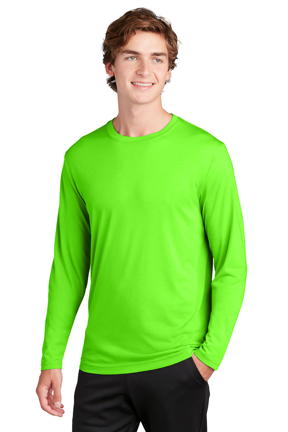 Sport-Tek ST450LS Mens Competitor Moisture Wicking Long Sleeve Crewneck T-Shirt Neon Green Model Front