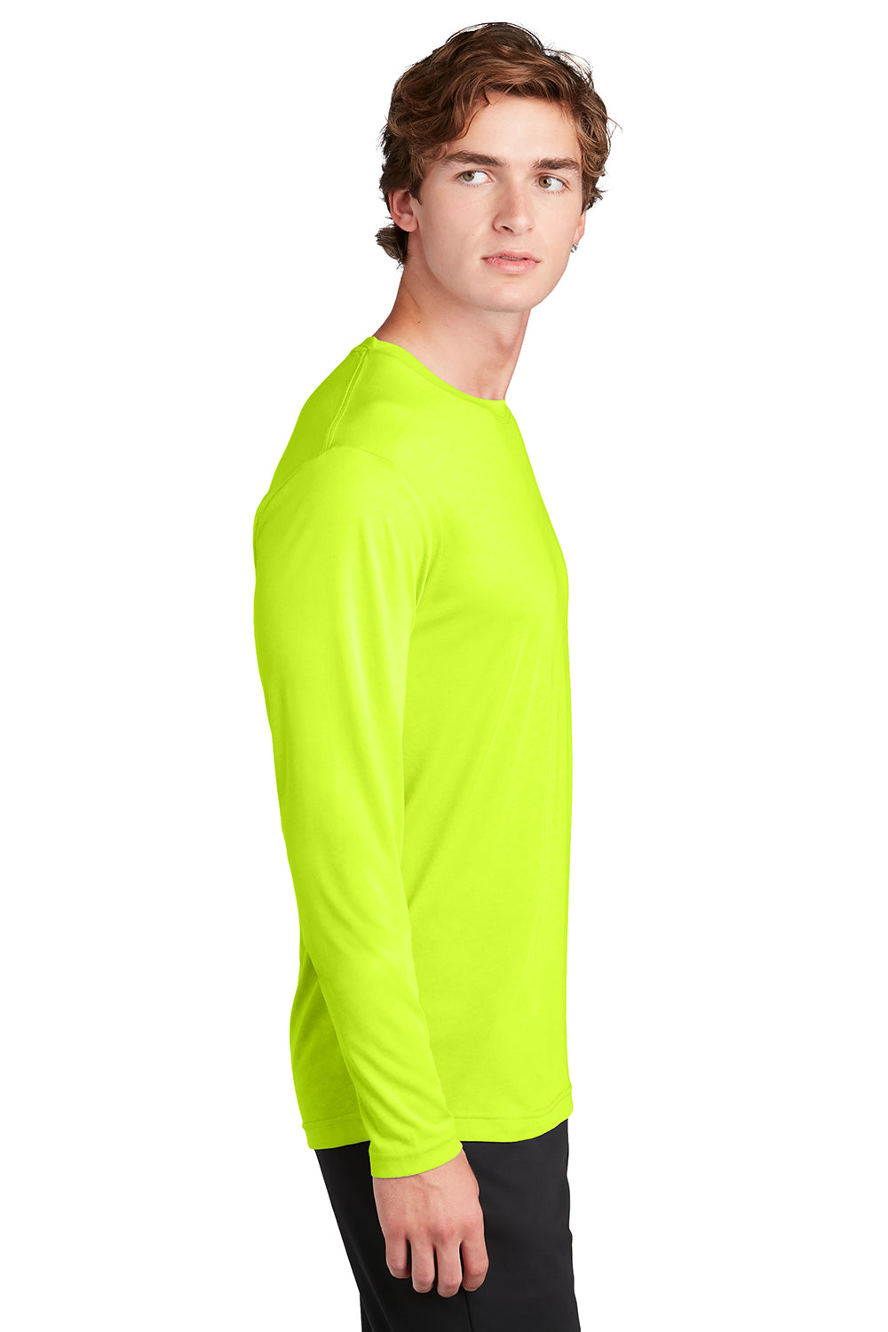 Sport-Tek ST450LS Mens Competitor Moisture Wicking Long Sleeve Crewneck T-Shirt Neon Yellow Model Side