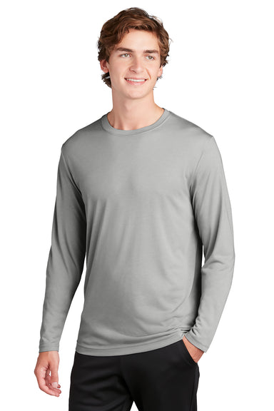 Sport-Tek ST450LS Mens Competitor Moisture Wicking Long Sleeve Crewneck T-Shirt Silver Grey Model Front