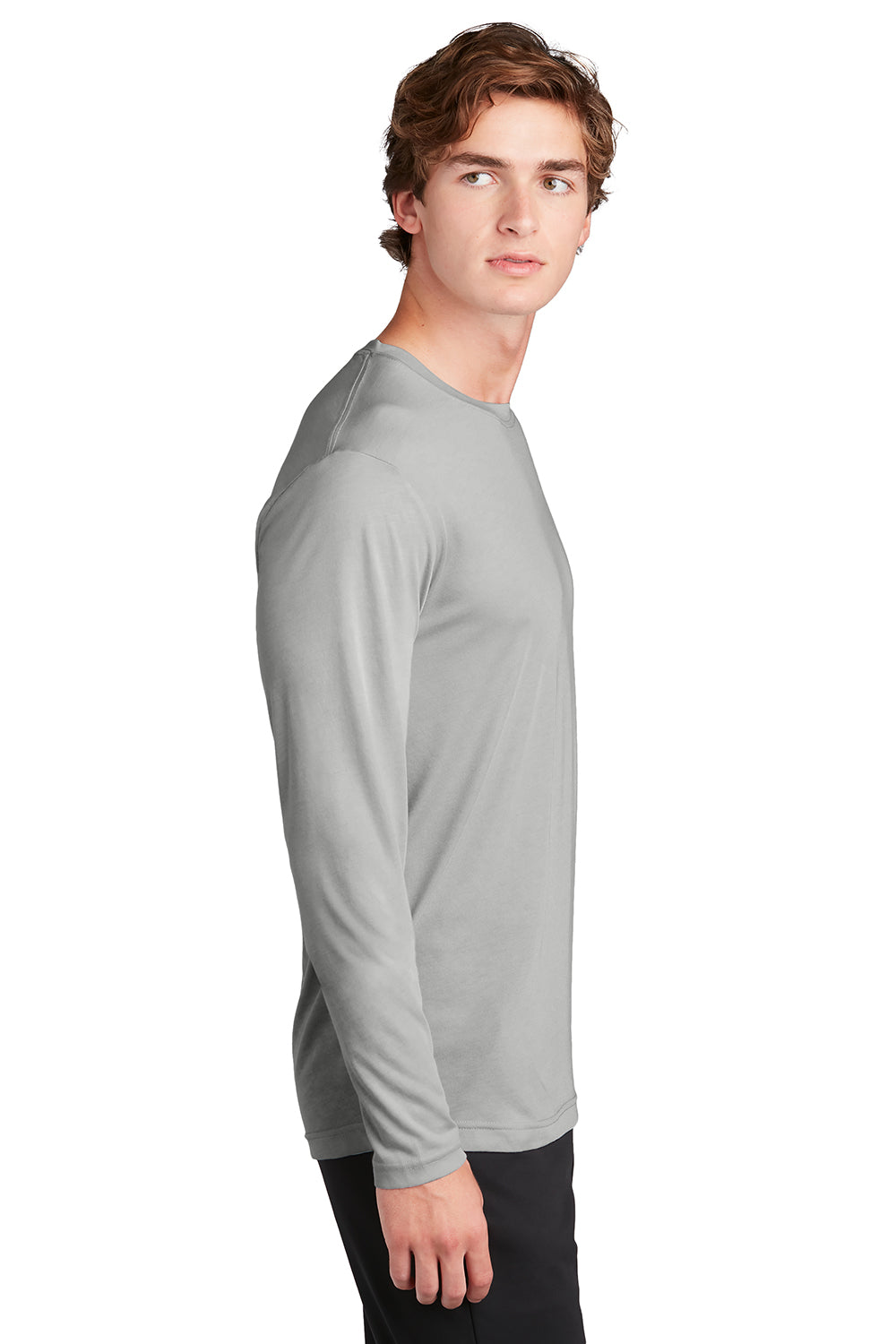 Sport-Tek ST450LS Mens Competitor Moisture Wicking Long Sleeve Crewneck T-Shirt Silver Grey Model Side