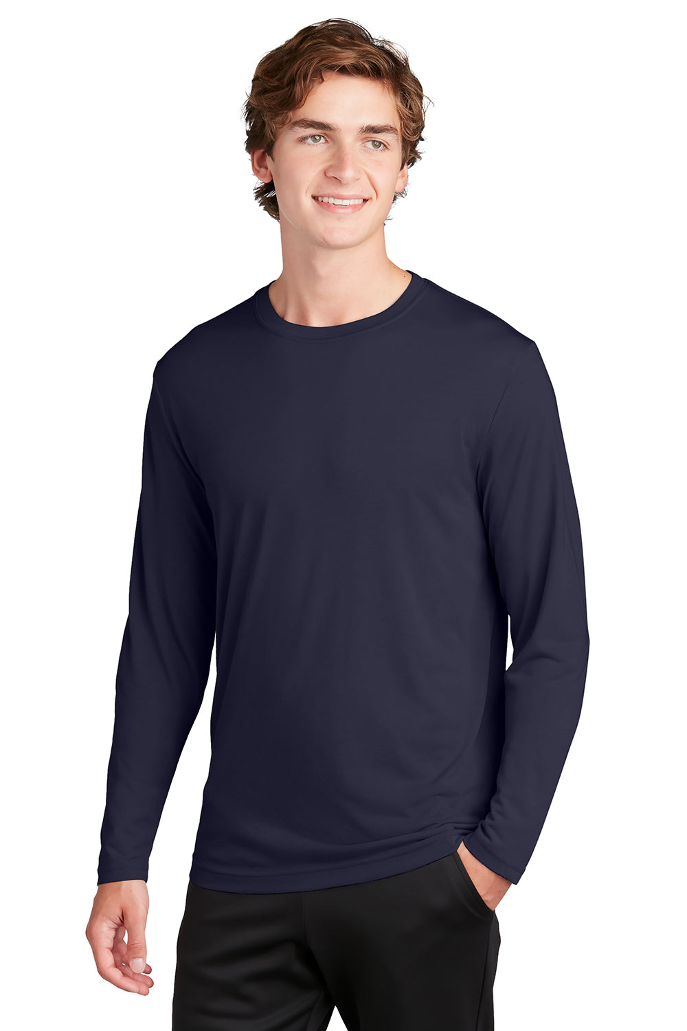 Sport-Tek ST450LS Mens Competitor Moisture Wicking Long Sleeve Crewneck T-Shirt True Navy Blue Model Front