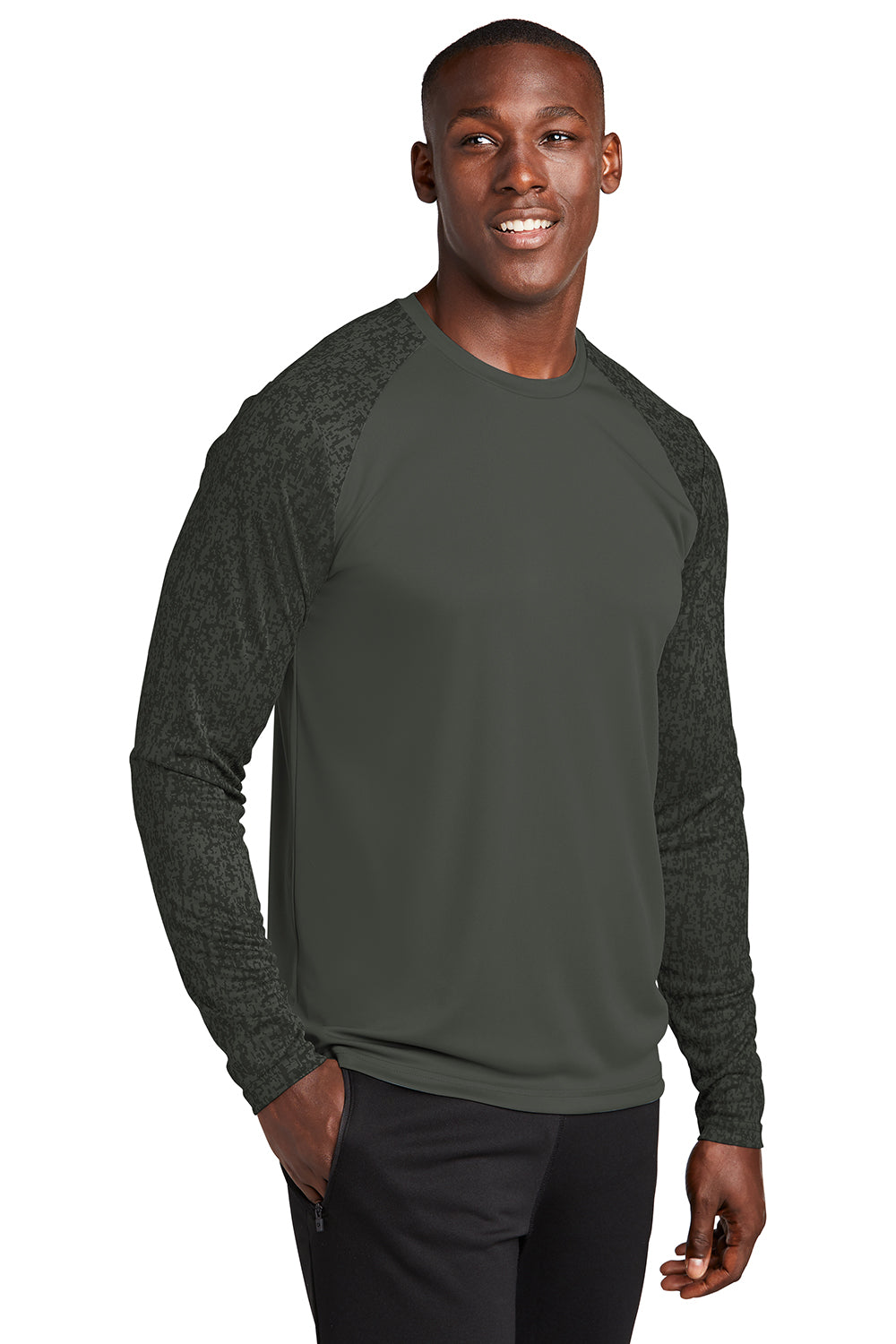 Sport-Tek ST460LS Mens Digi Camo Moisture Wicking Long Sleeve Crewneck T-Shirt Black Model 3q