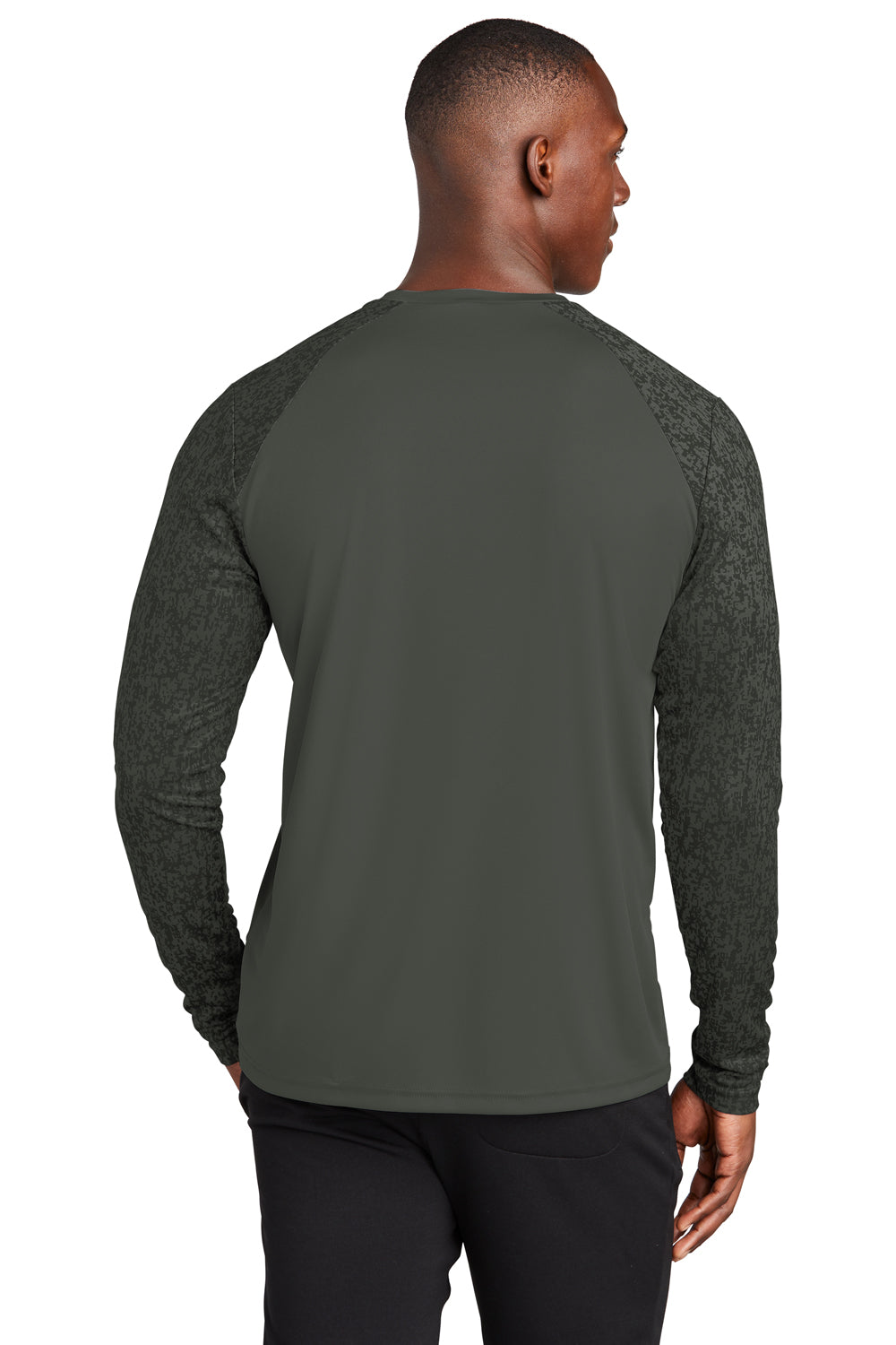 Sport-Tek ST460LS Mens Digi Camo Moisture Wicking Long Sleeve Crewneck T-Shirt Black Model Back