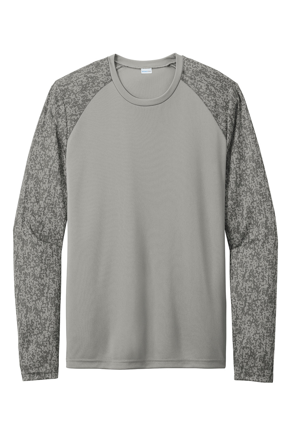 Sport-Tek ST460LS Mens Digi Camo Moisture Wicking Long Sleeve Crewneck T-Shirt Concrete Grey Flat Front