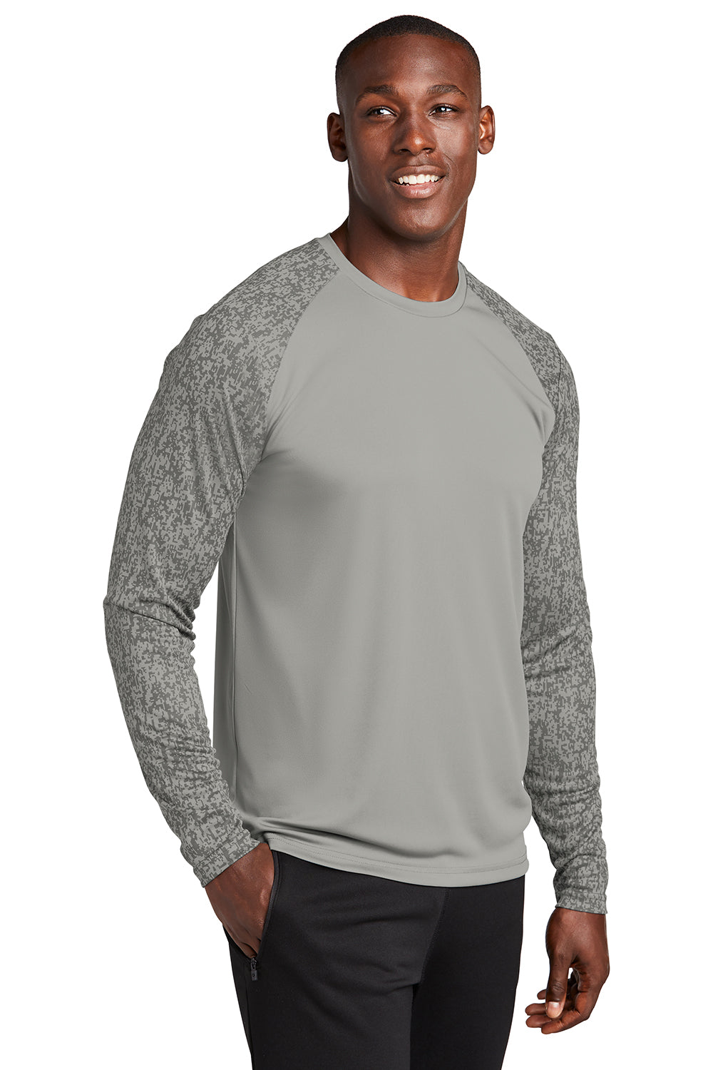 Sport-Tek ST460LS Mens Digi Camo Moisture Wicking Long Sleeve Crewneck T-Shirt Concrete Grey Model 3q