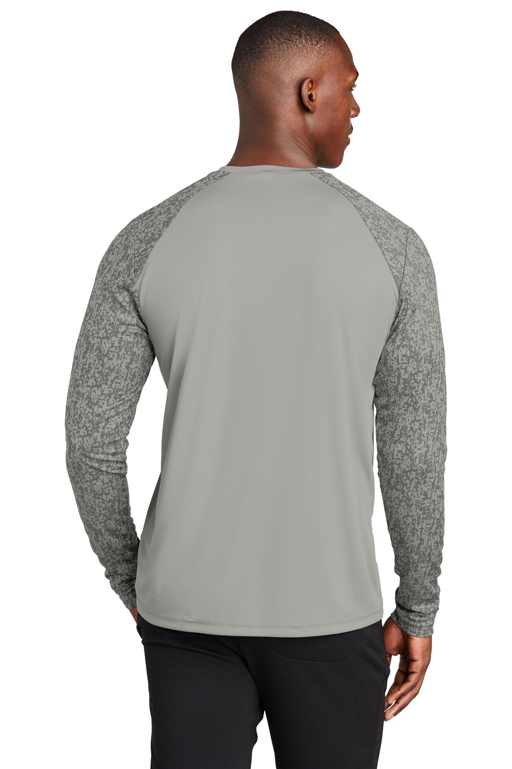 Sport-Tek ST460LS Mens Digi Camo Moisture Wicking Long Sleeve Crewneck T-Shirt Concrete Grey Model Back