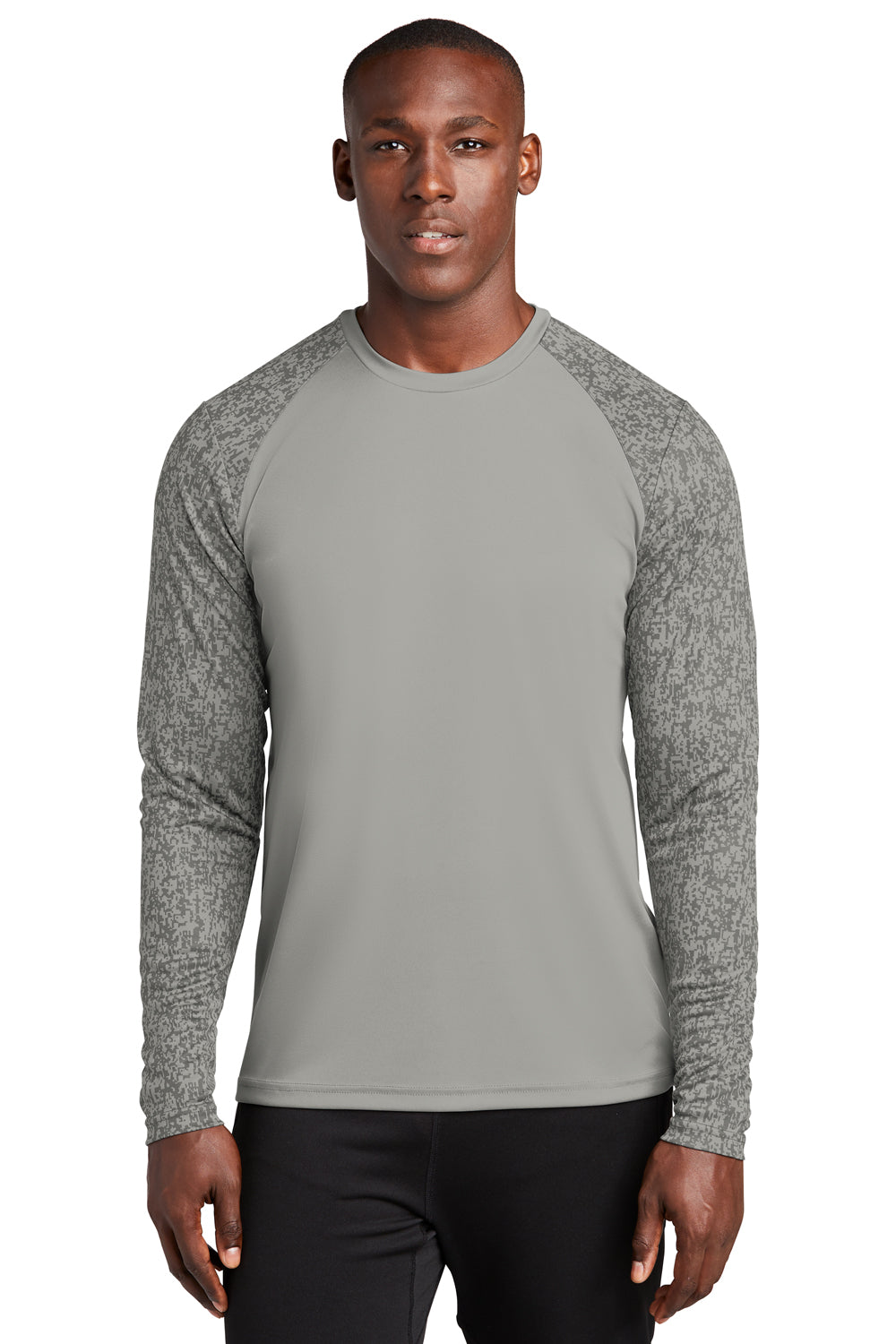 Sport-Tek ST460LS Mens Digi Camo Moisture Wicking Long Sleeve Crewneck T-Shirt Concrete Grey Model Front