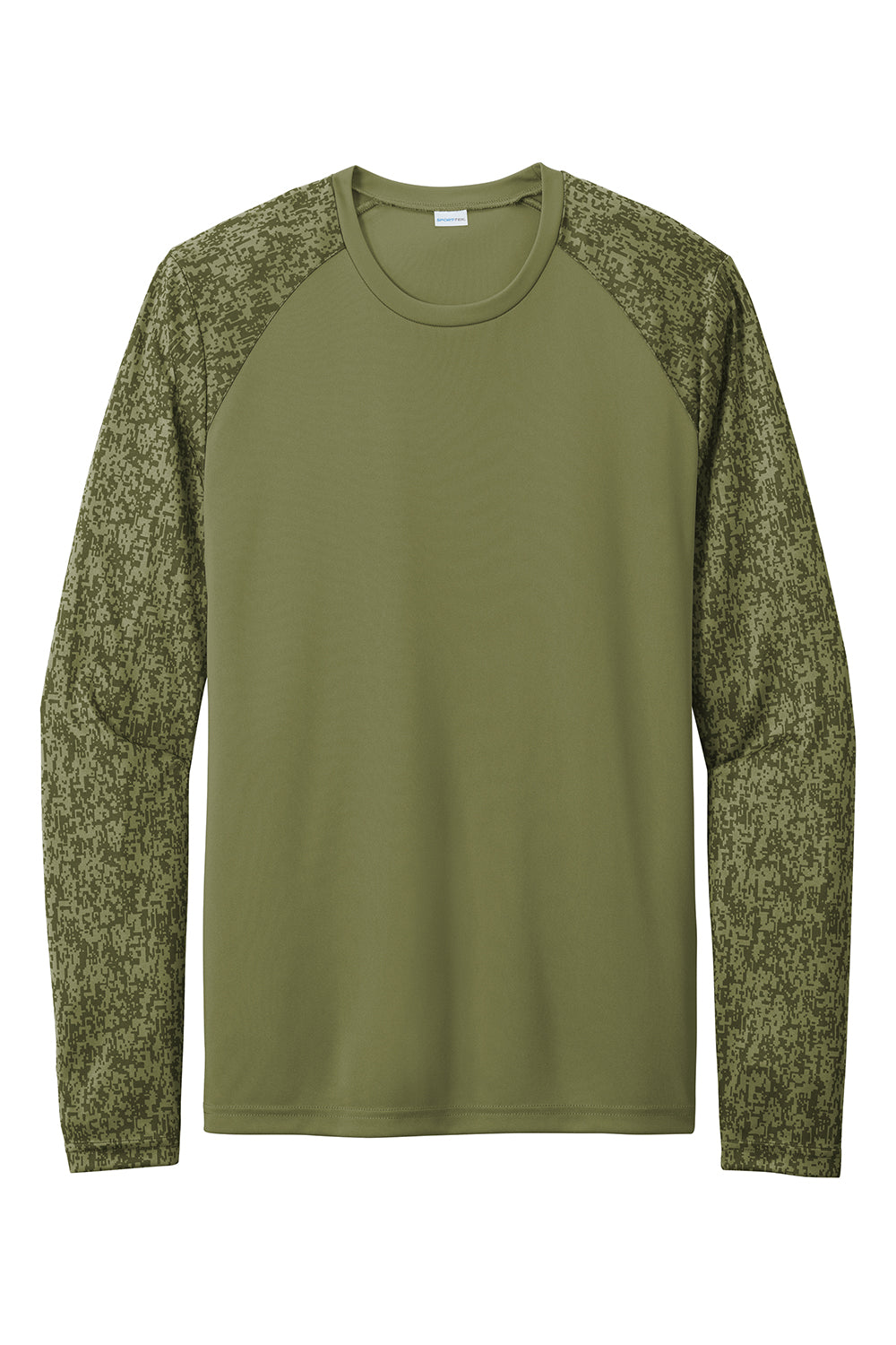 Sport-Tek ST460LS Mens Digi Camo Moisture Wicking Long Sleeve Crewneck T-Shirt Olive Drab Green Flat Front