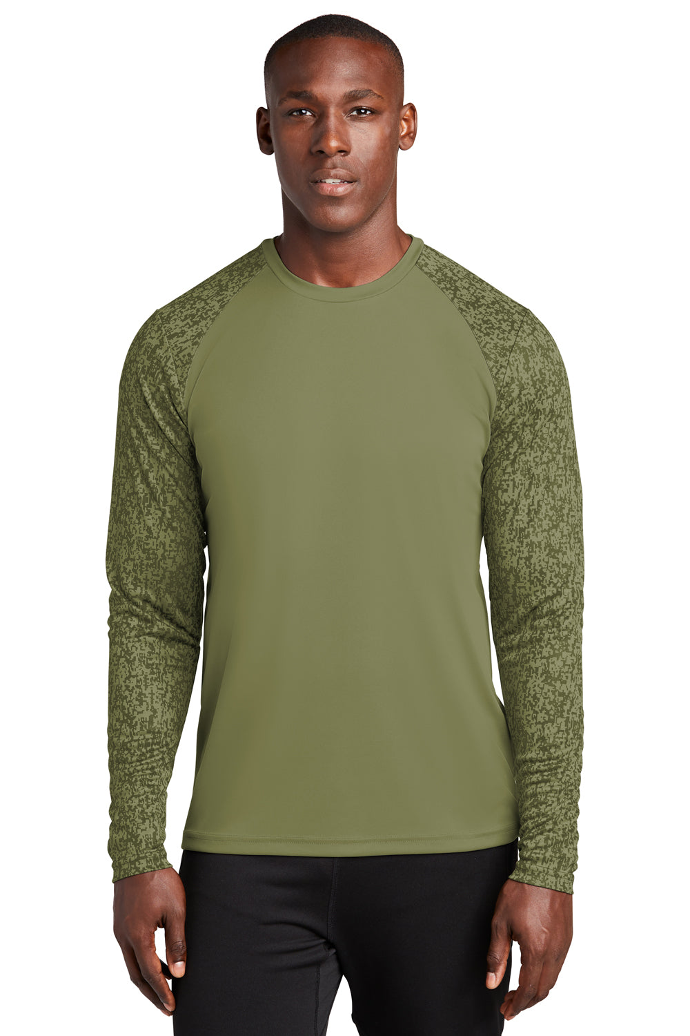 Sport-Tek ST460LS Mens Digi Camo Moisture Wicking Long Sleeve Crewneck T-Shirt Olive Drab Green Model Front