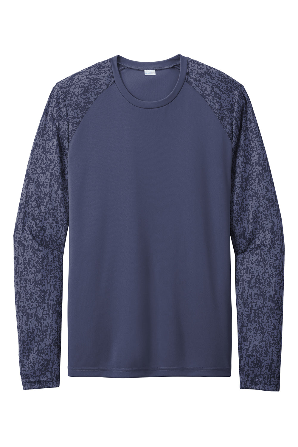 Sport-Tek ST460LS Mens Digi Camo Moisture Wicking Long Sleeve Crewneck T-Shirt True Navy Blue Flat Front