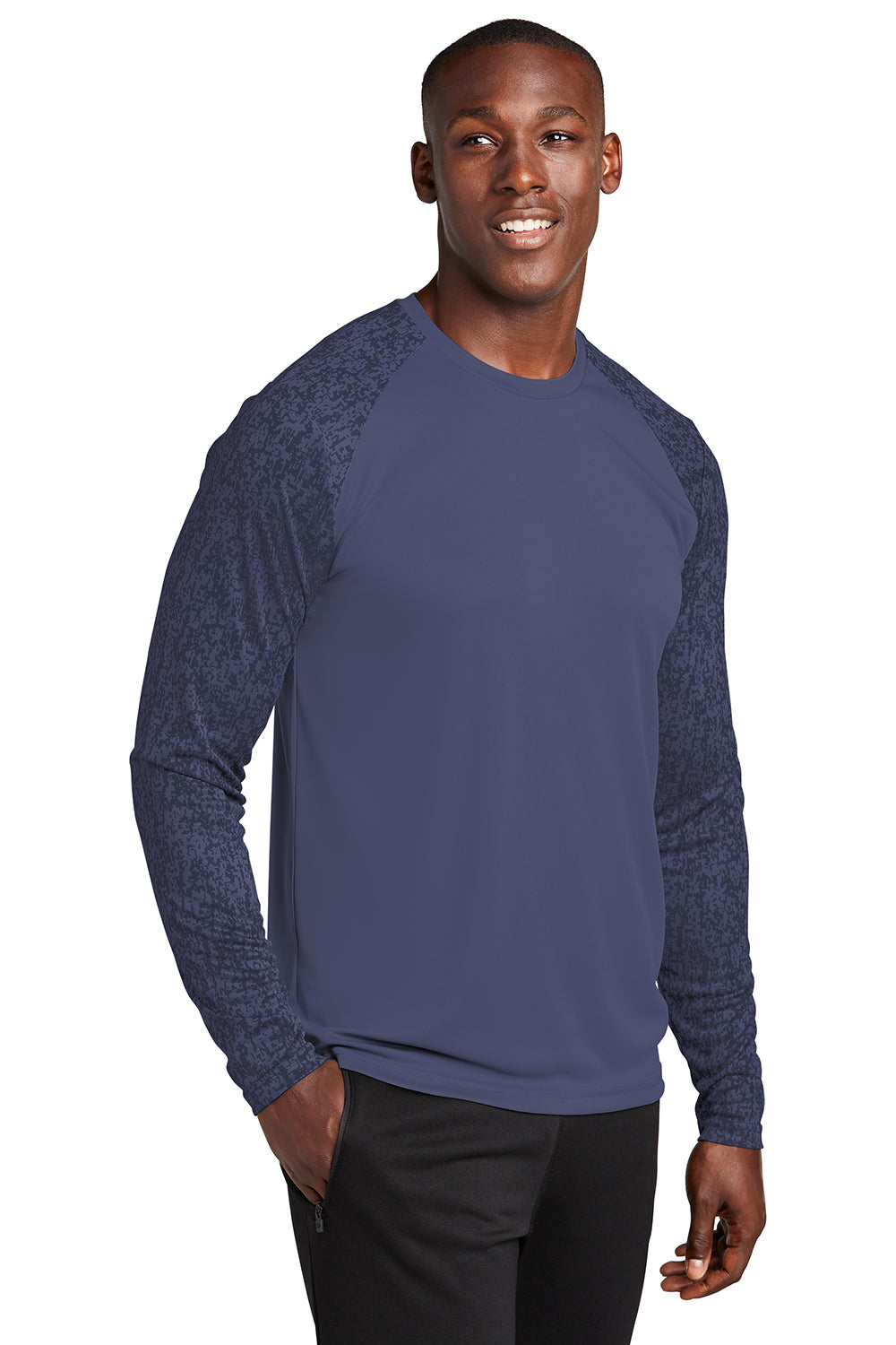 Sport-Tek ST460LS Mens Digi Camo Moisture Wicking Long Sleeve Crewneck T-Shirt True Navy Blue Model 3q