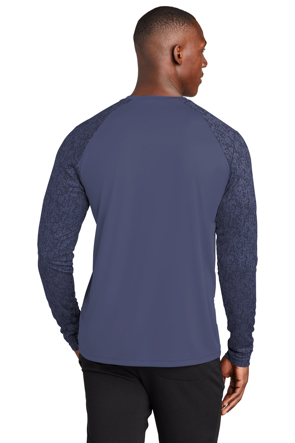 Sport-Tek ST460LS Mens Digi Camo Moisture Wicking Long Sleeve Crewneck T-Shirt True Navy Blue Model Back