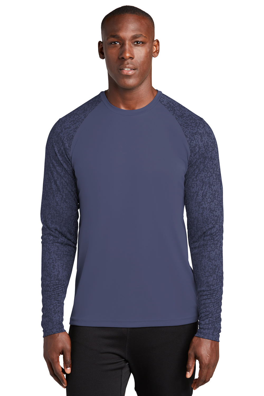 Sport-Tek ST460LS Mens Digi Camo Moisture Wicking Long Sleeve Crewneck T-Shirt True Navy Blue Model Front