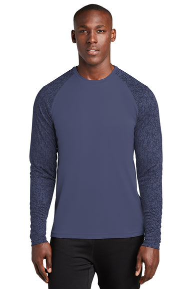 Sport-Tek ST460LS Mens Digi Camo Moisture Wicking Long Sleeve Crewneck T-Shirt True Navy Blue Model Front