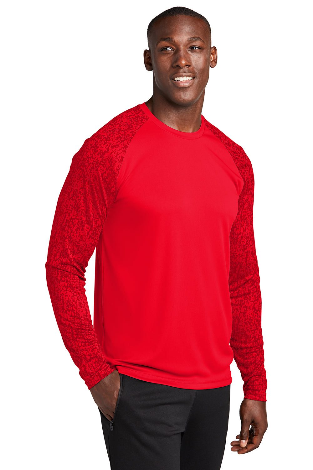 Sport-Tek ST460LS Mens Digi Camo Moisture Wicking Long Sleeve Crewneck T-Shirt True Red Model 3q