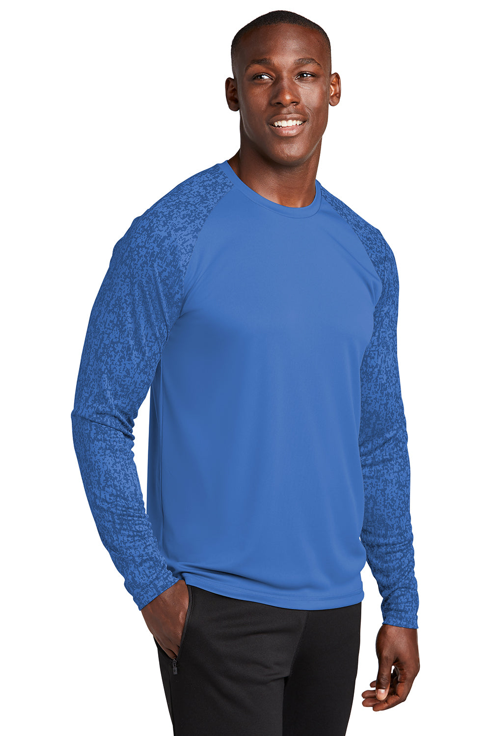 Sport-Tek ST460LS Mens Digi Camo Moisture Wicking Long Sleeve Crewneck T-Shirt True Royal Blue Model 3q