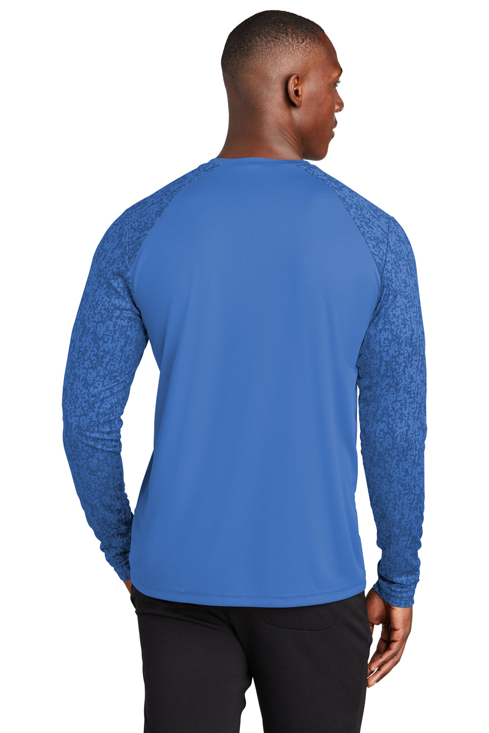 Sport-Tek ST460LS Mens Digi Camo Moisture Wicking Long Sleeve Crewneck T-Shirt True Royal Blue Model Back