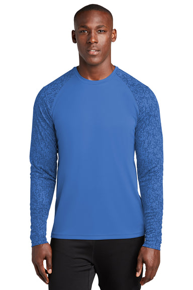 Sport-Tek ST460LS Mens Digi Camo Moisture Wicking Long Sleeve Crewneck T-Shirt True Royal Blue Model Front