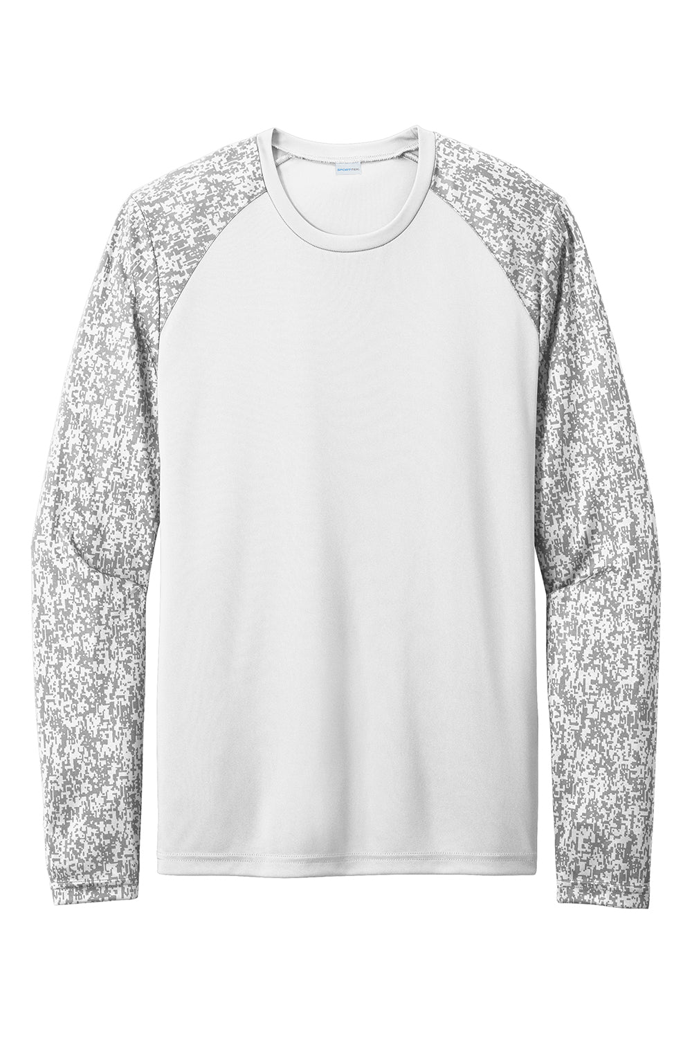 Sport-Tek ST460LS Mens Digi Camo Moisture Wicking Long Sleeve Crewneck T-Shirt White Flat Front