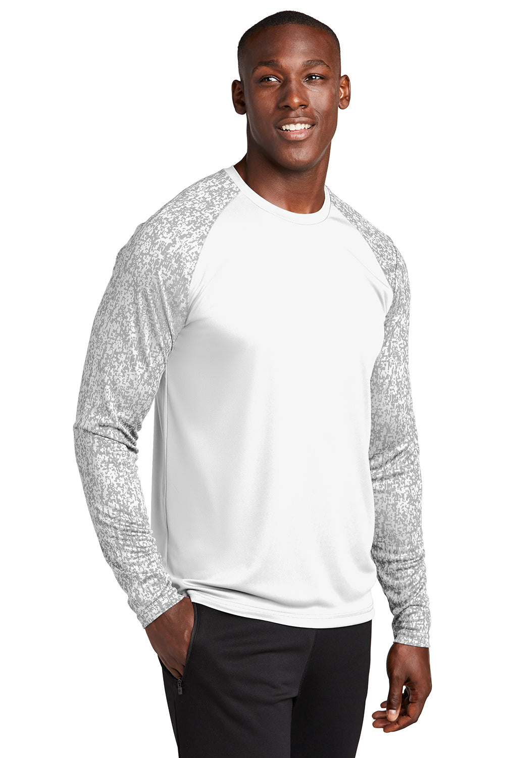 Sport-Tek ST460LS Mens Digi Camo Moisture Wicking Long Sleeve Crewneck T-Shirt White Model 3q