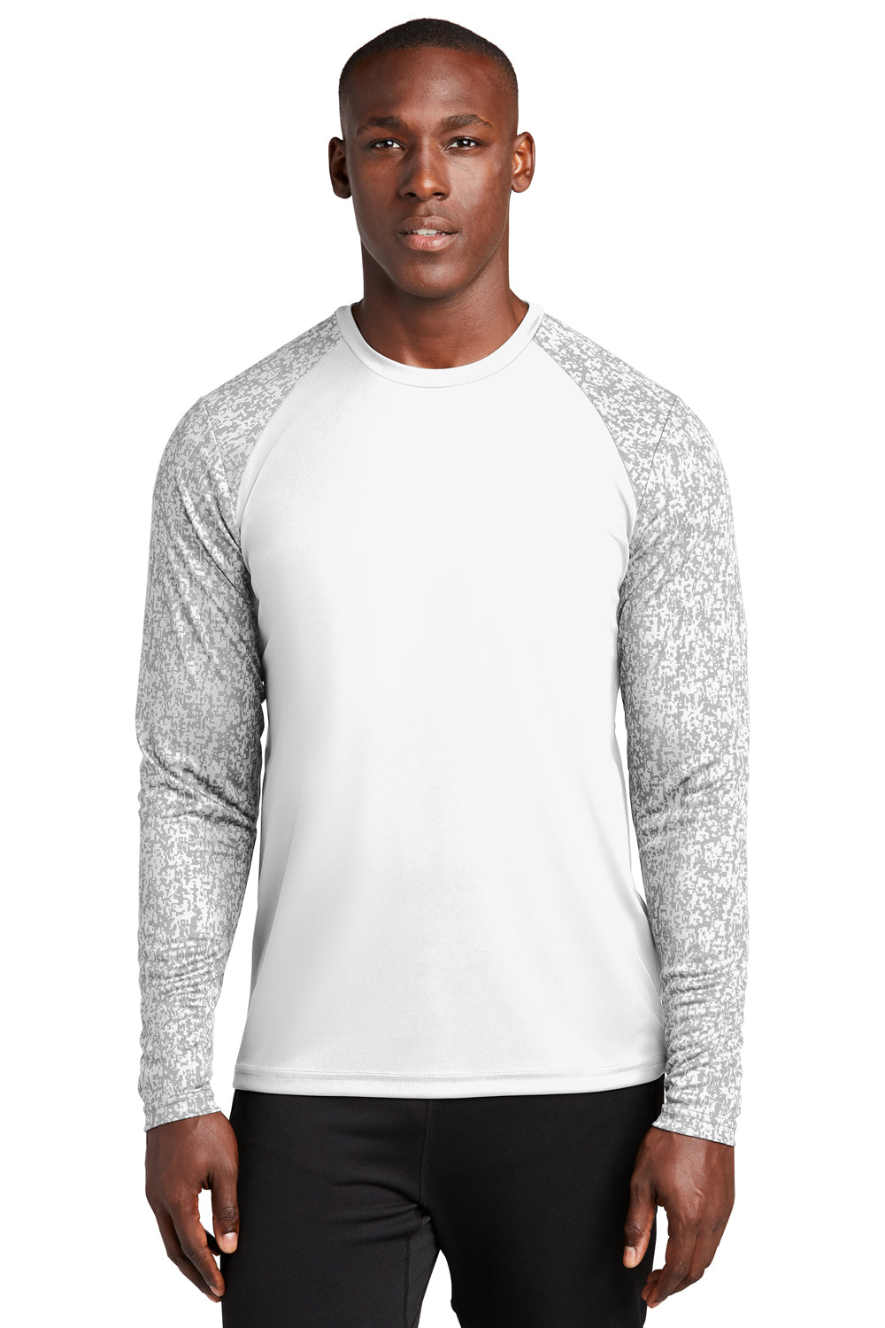 Sport-Tek ST460LS Mens Digi Camo Moisture Wicking Long Sleeve Crewneck T-Shirt White Model Front