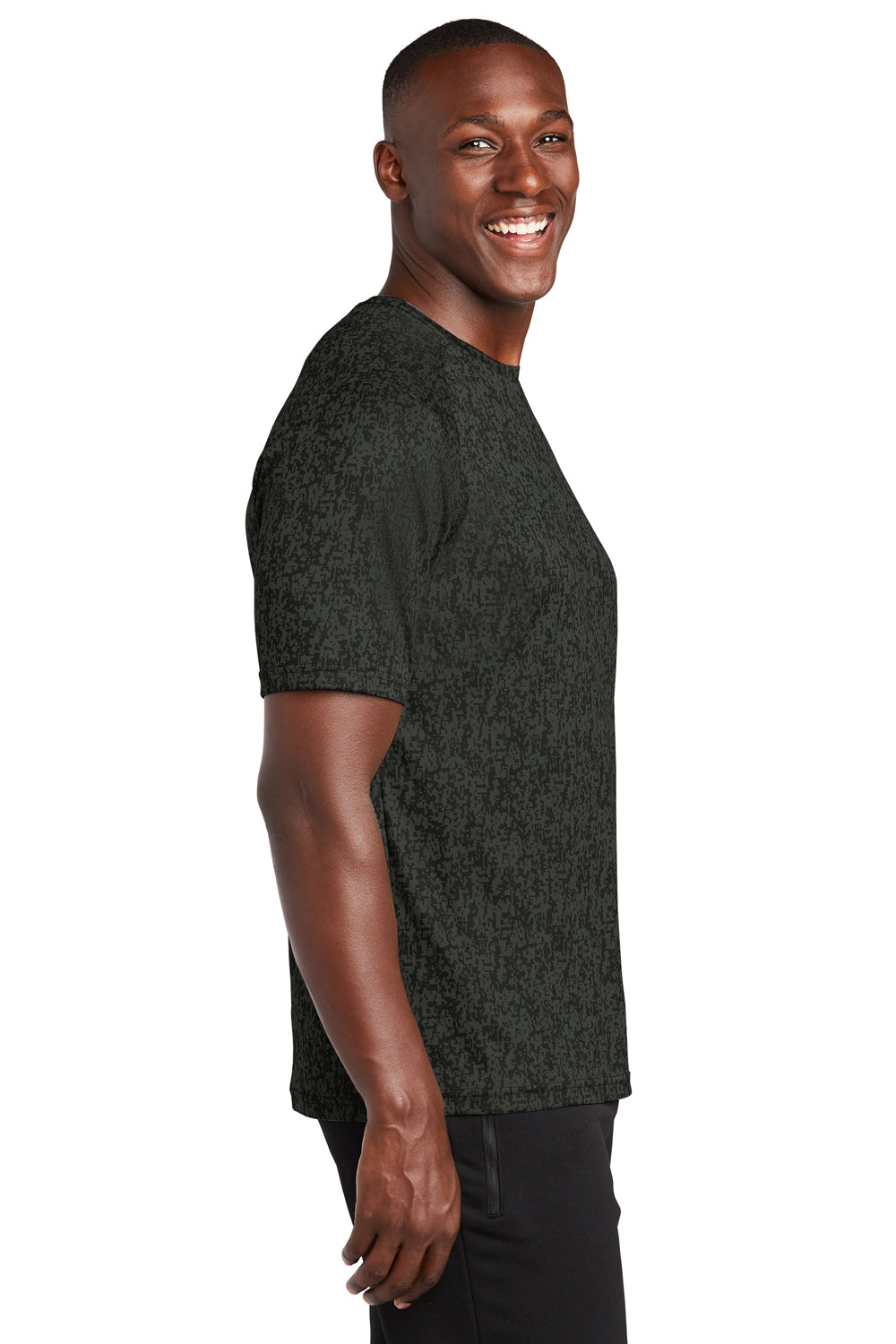 Sport-Tek ST460 Mens Digi Camo Moisture Wicking Short Sleeve Crewneck T-Shirt Black Model Side