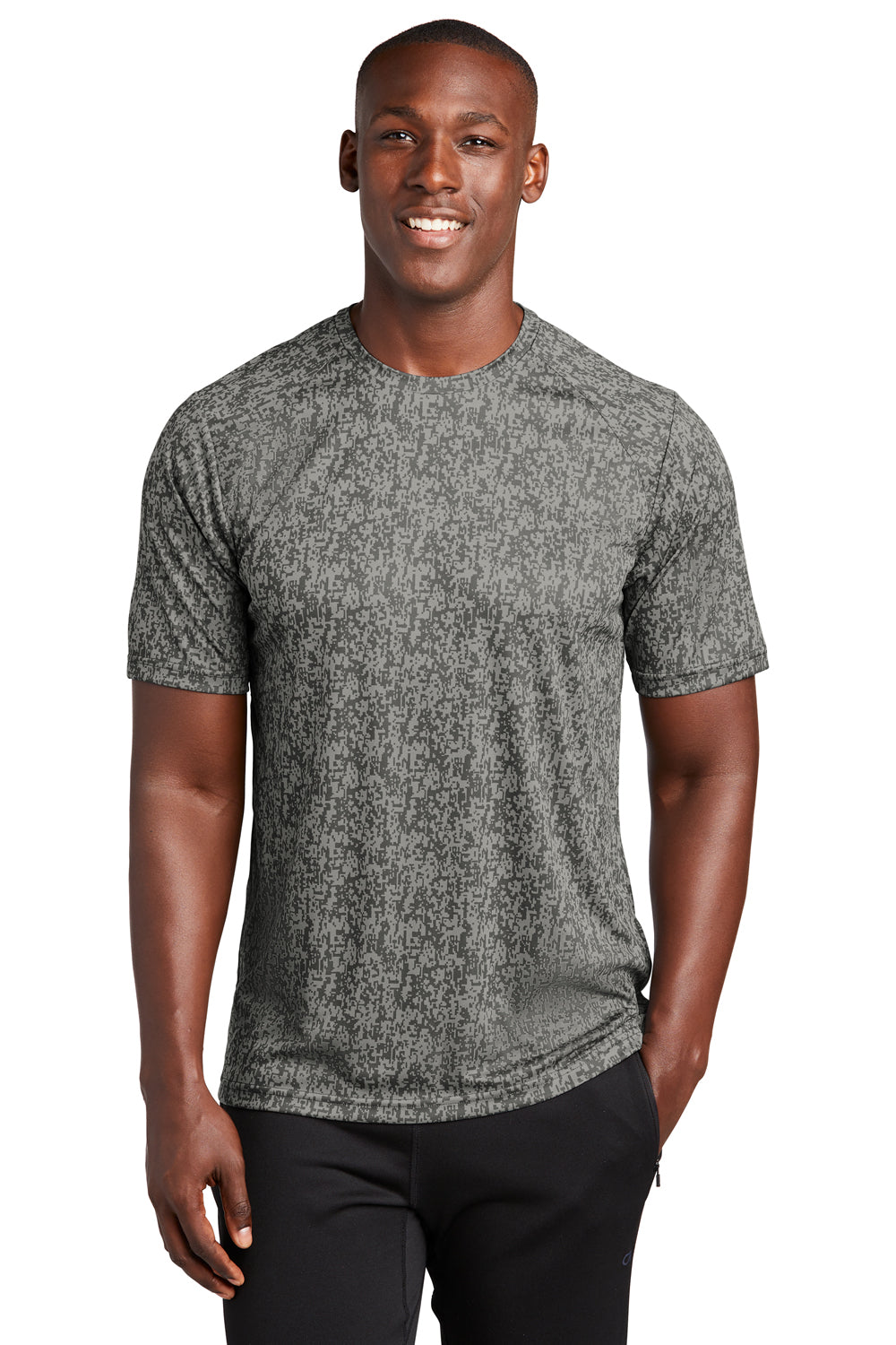 Sport-Tek ST460 Mens Digi Camo Moisture Wicking Short Sleeve Crewneck T-Shirt Concrete Grey Model Front