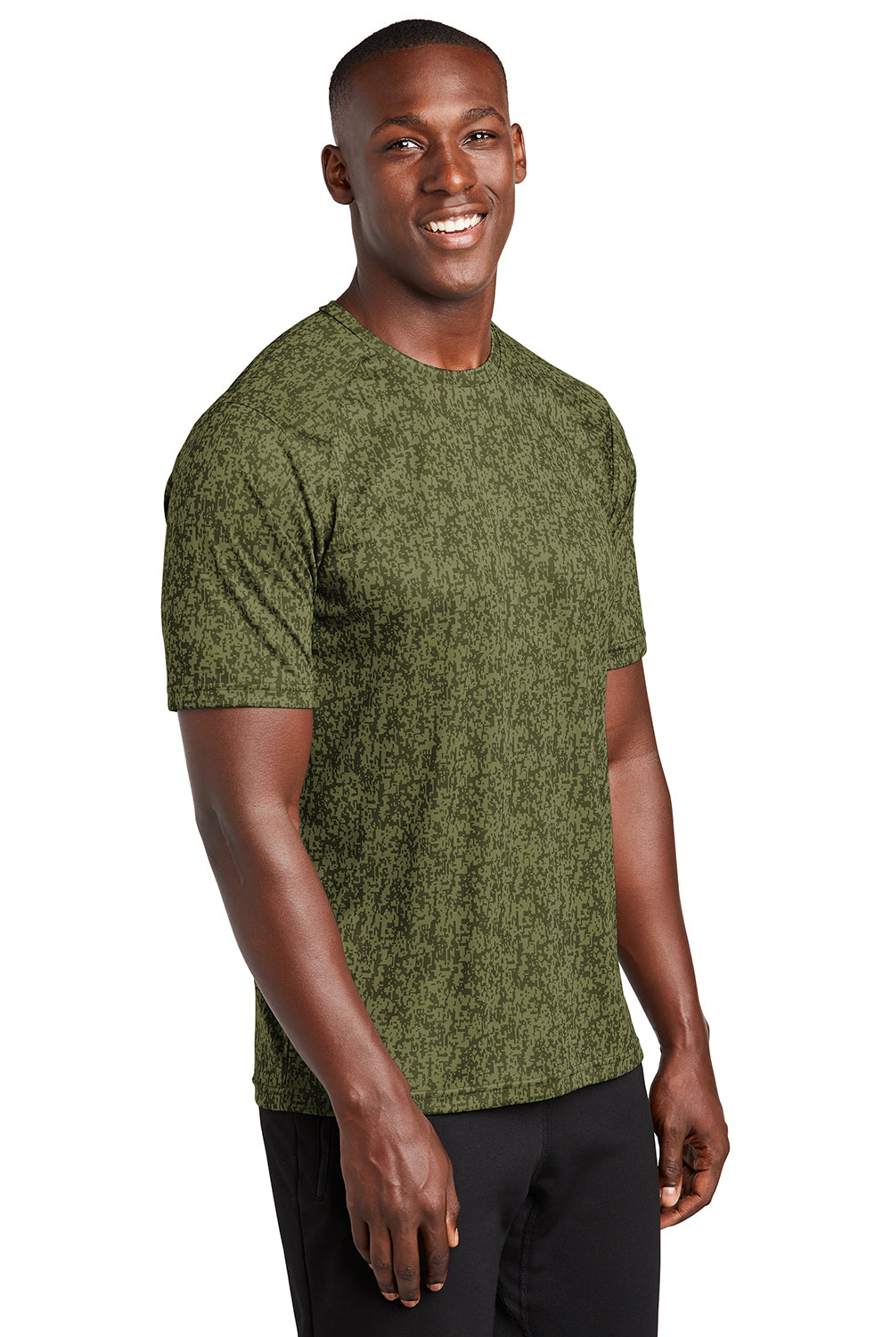 Sport-Tek ST460 Mens Digi Camo Moisture Wicking Short Sleeve Crewneck T-Shirt Olive Drab Green Model 3q