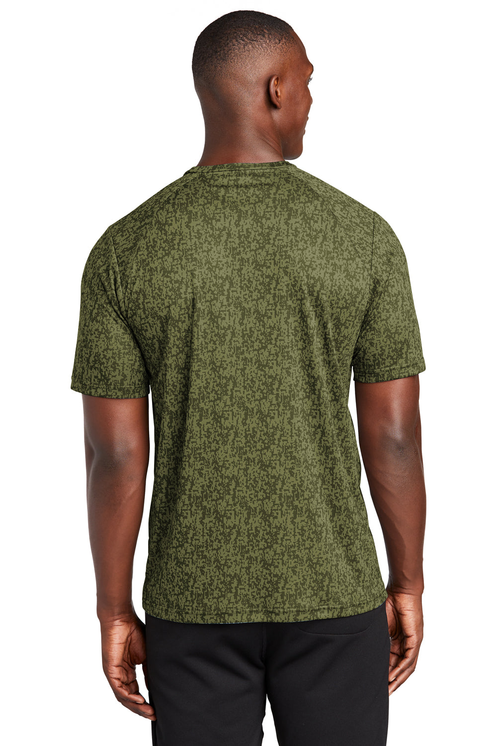 Sport-Tek ST460 Mens Digi Camo Moisture Wicking Short Sleeve Crewneck T-Shirt Olive Drab Green Model Back