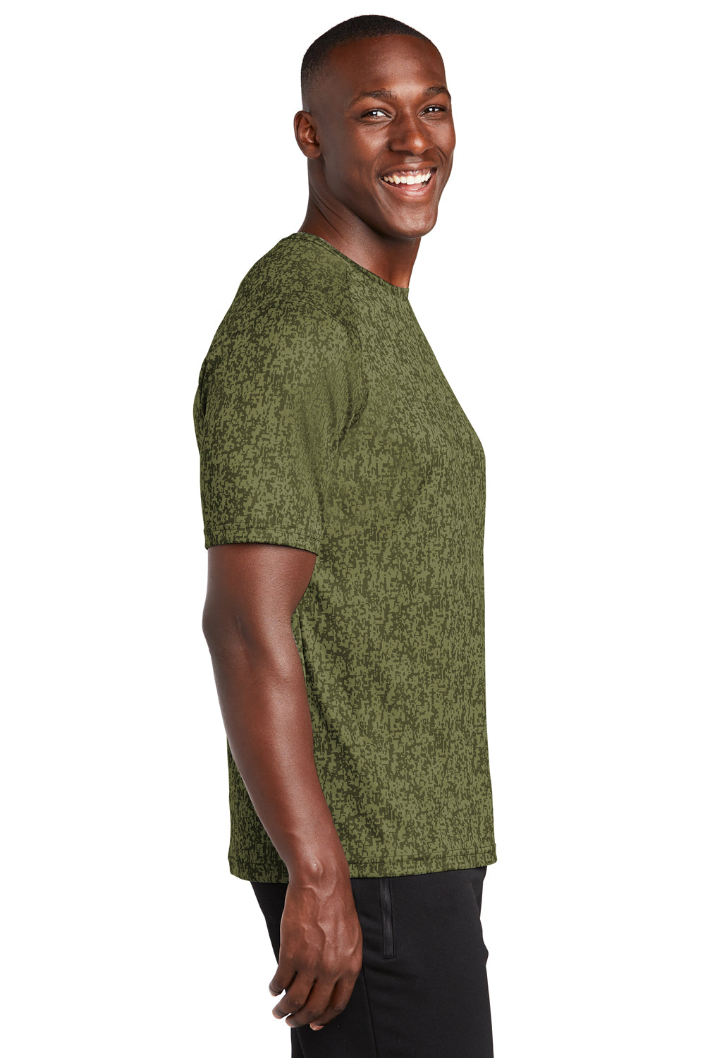 Sport-Tek ST460 Mens Digi Camo Moisture Wicking Short Sleeve Crewneck T-Shirt Olive Drab Green Model Side