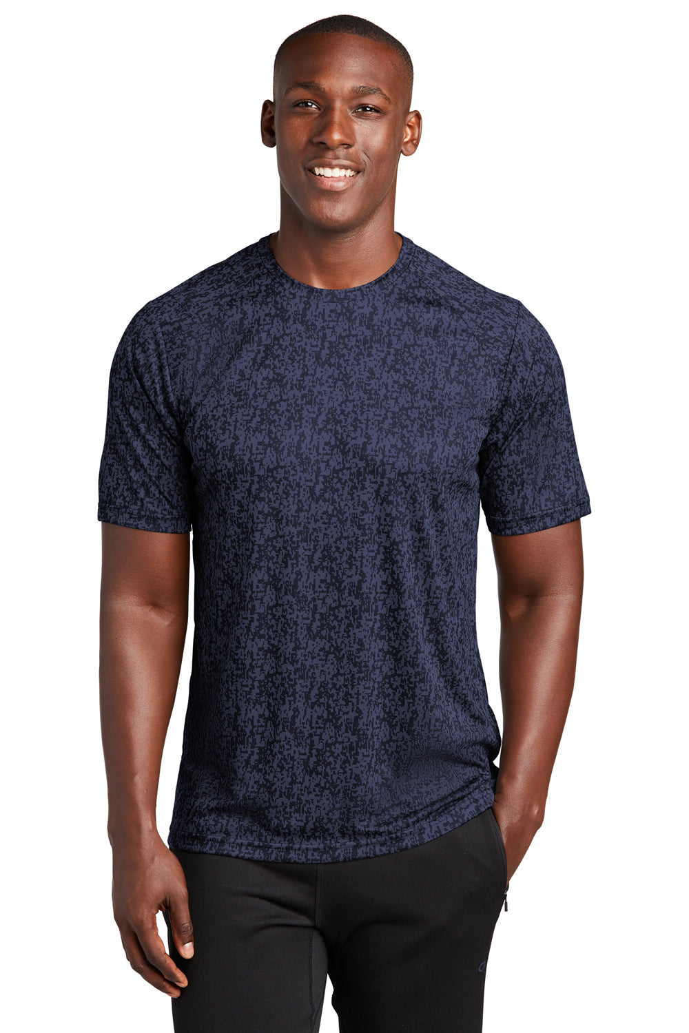 Sport-Tek ST460 Mens Digi Camo Moisture Wicking Short Sleeve Crewneck T-Shirt True Navy Blue Model Front