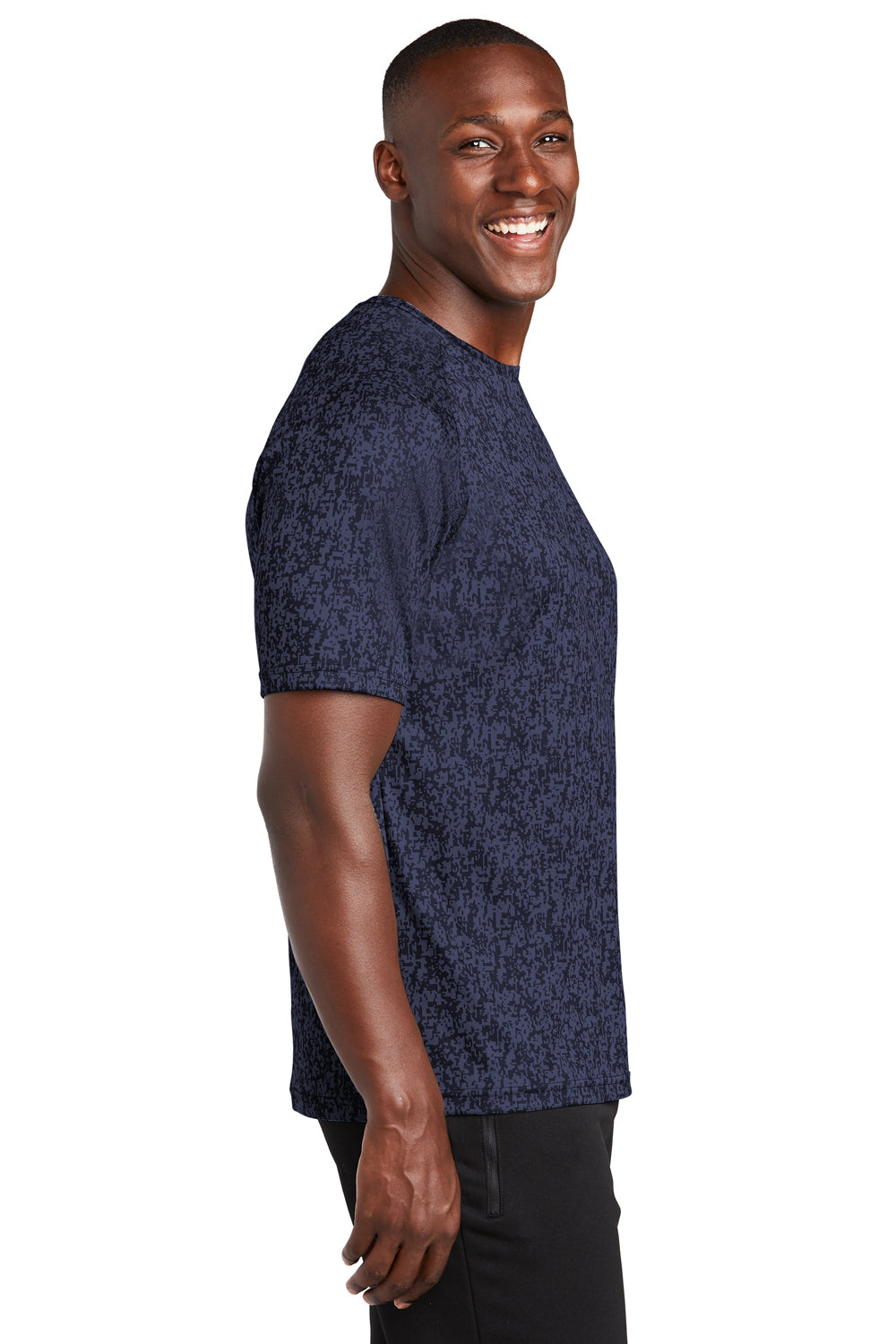 Sport-Tek ST460 Mens Digi Camo Moisture Wicking Short Sleeve Crewneck T-Shirt True Navy Blue Model Side