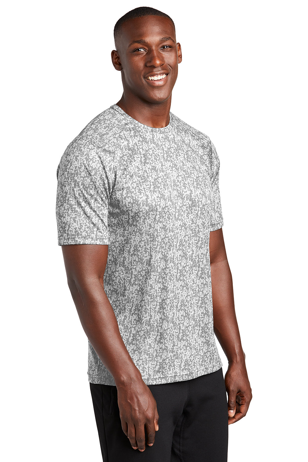 Sport-Tek ST460 Mens Digi Camo Moisture Wicking Short Sleeve Crewneck T-Shirt White Model 3q