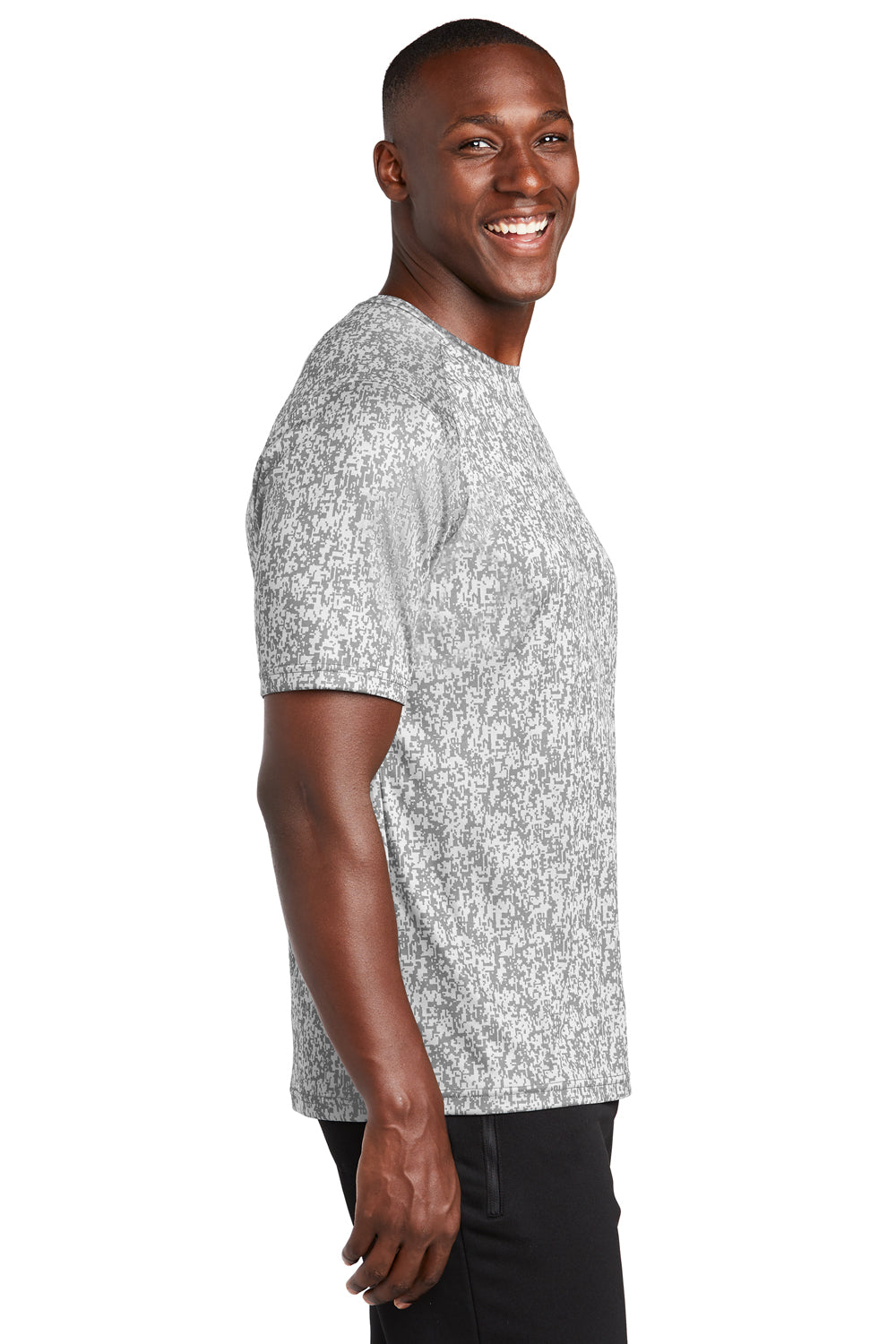 Sport-Tek ST460 Mens Digi Camo Moisture Wicking Short Sleeve Crewneck T-Shirt White Model Side