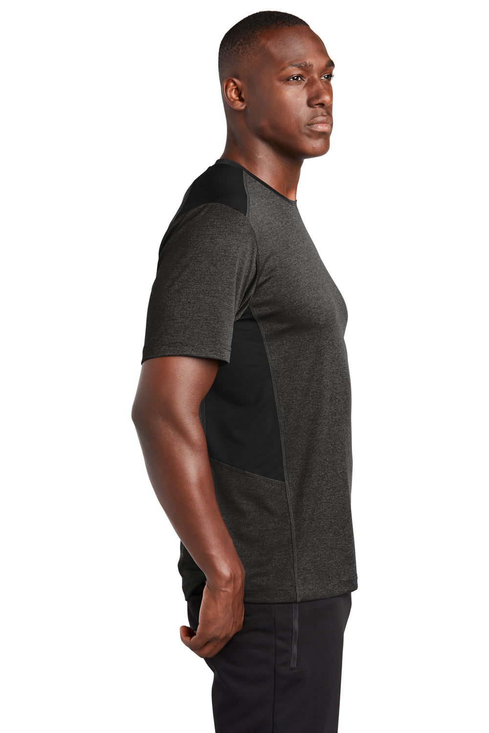 Sport-Tek ST465 Mens Endeavor Moisture Wicking Short Sleeve Crewneck T-Shirt Heather Black/Black Model Side