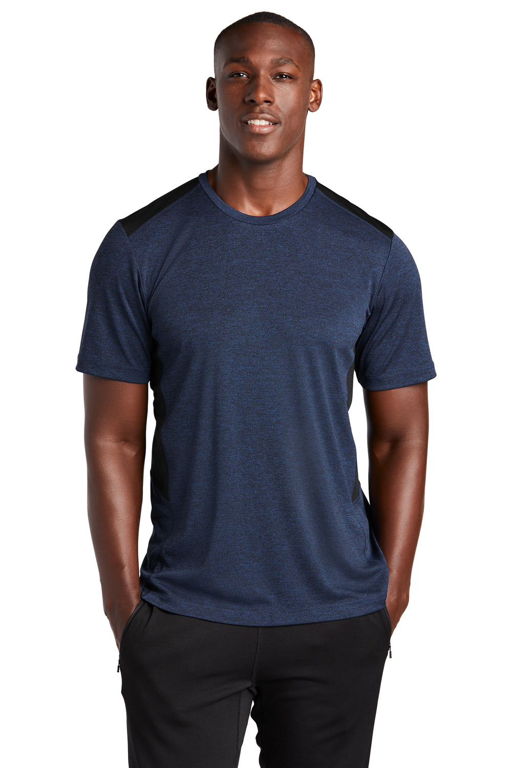 Sport-Tek ST465 Mens Endeavor Moisture Wicking Short Sleeve Crewneck T-Shirt Heather Dark Royal Blue/Black Model Front