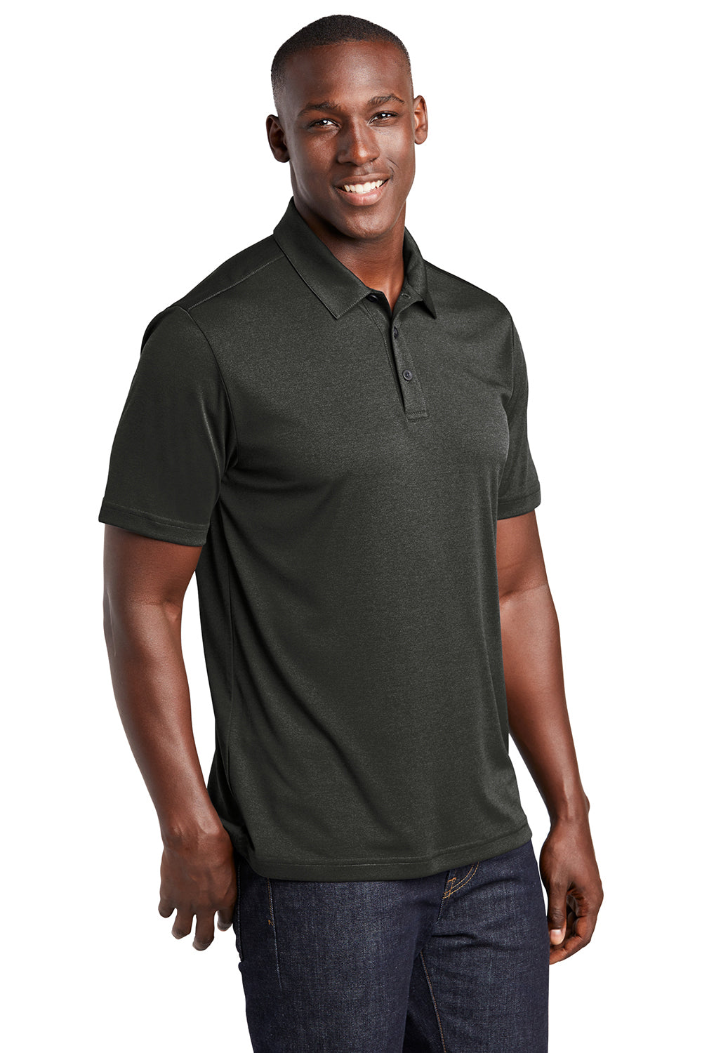 Sport-Tek ST467 Mens Endeavor Moisture Wicking Short Sleeve Polo Shirt Heather Black Model 3q