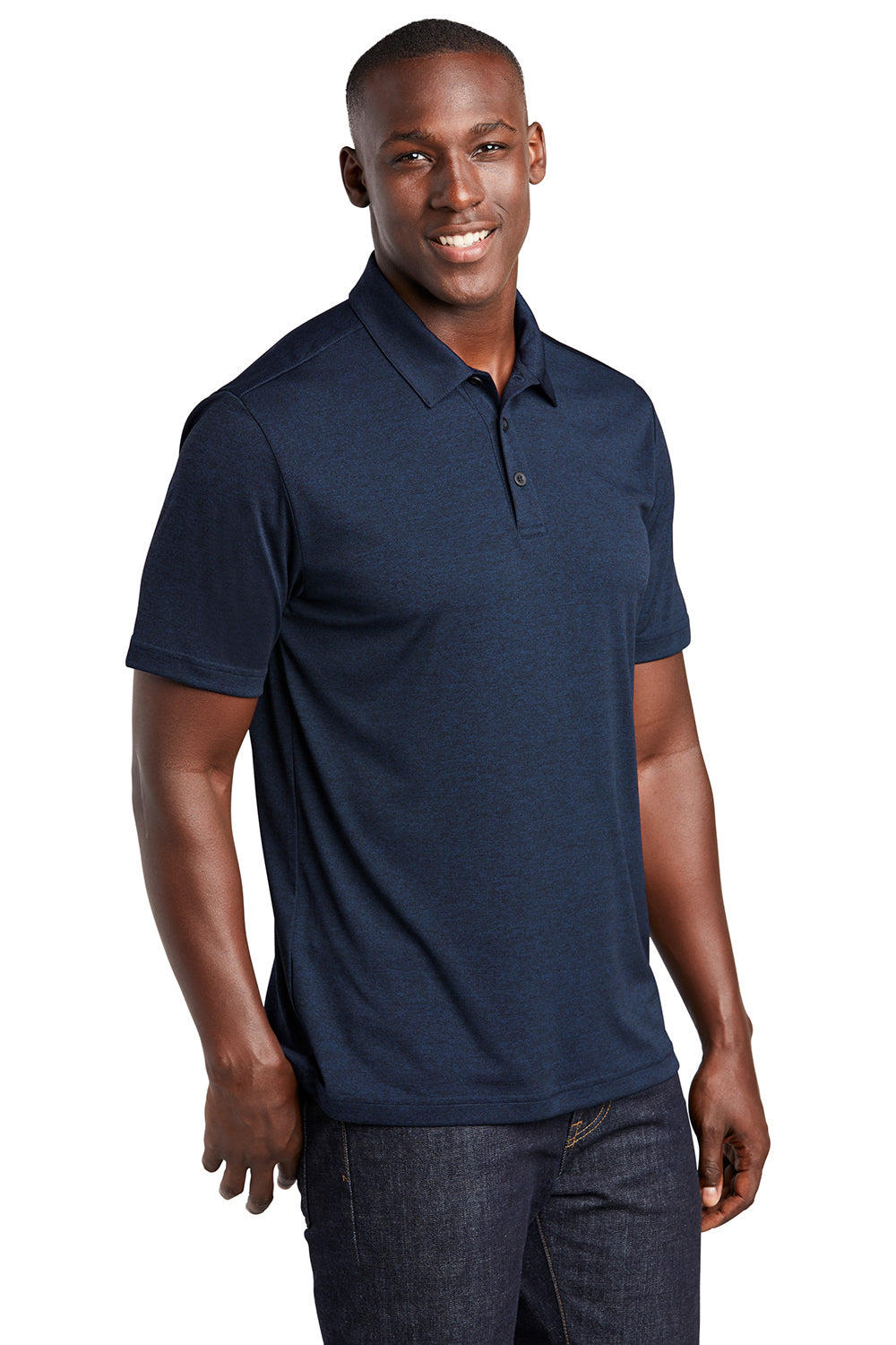 Sport-Tek ST467 Mens Endeavor Moisture Wicking Short Sleeve Polo Shirt Heather Dark Royal Blue Model 3q