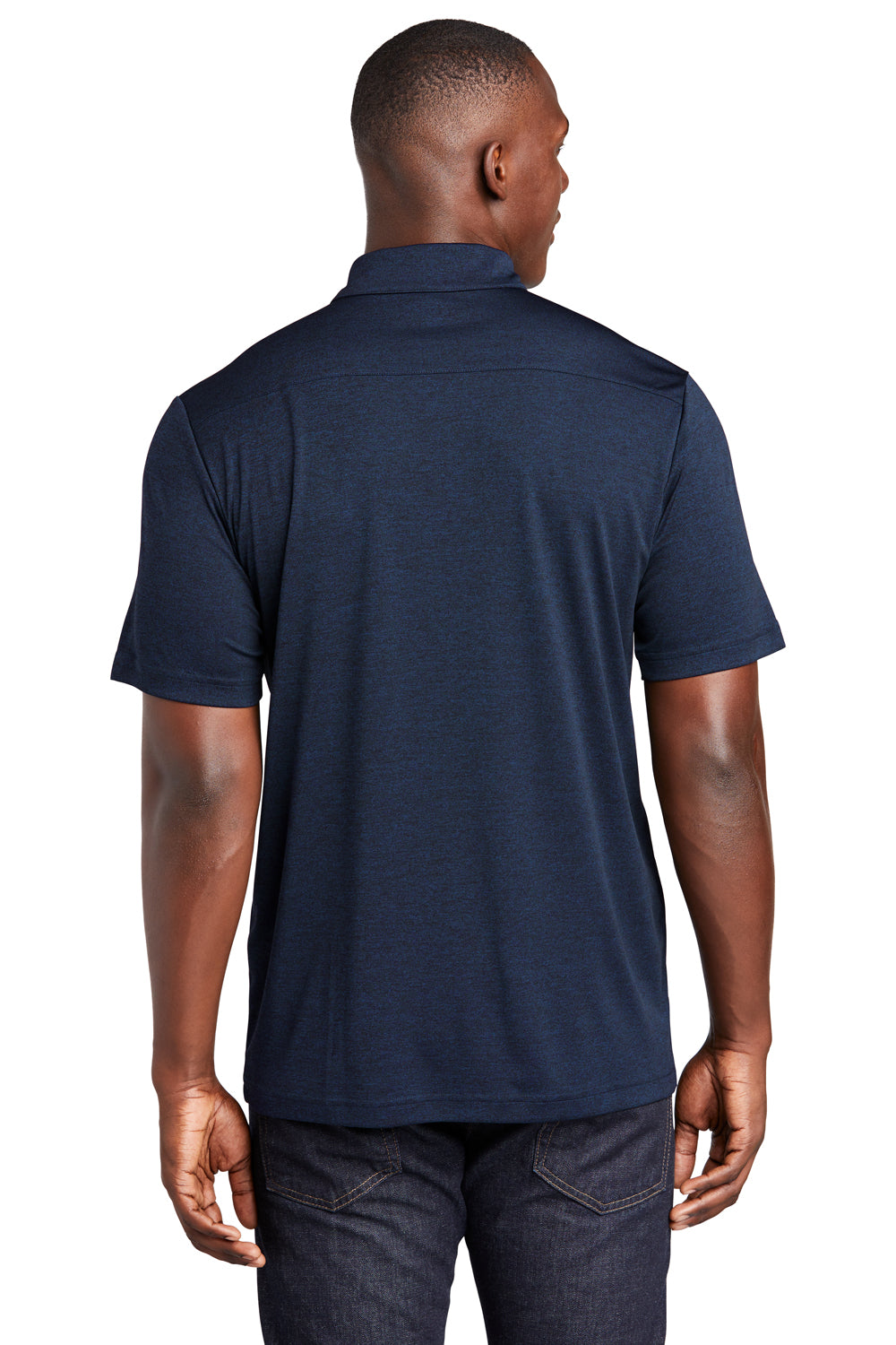 Sport-Tek ST467 Mens Endeavor Moisture Wicking Short Sleeve Polo Shirt Heather Dark Royal Blue Model Back