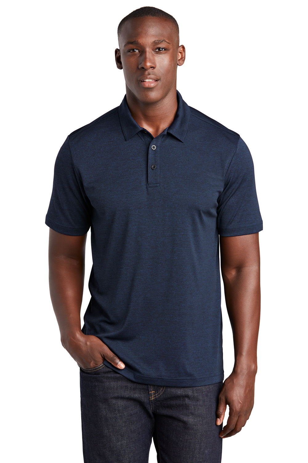 Sport-Tek ST467 Mens Endeavor Moisture Wicking Short Sleeve Polo Shirt Heather Dark Royal Blue Model Front