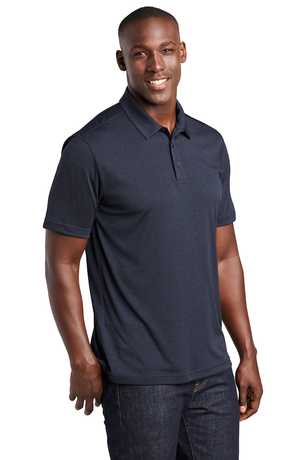 Sport-Tek ST467 Mens Endeavor Moisture Wicking Short Sleeve Polo Shirt Heather Deep Navy Blue Model 3q