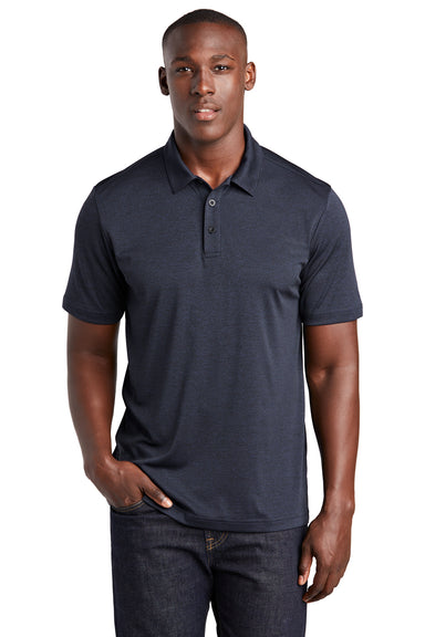 Sport-Tek ST467 Mens Endeavor Moisture Wicking Short Sleeve Polo Shirt Heather Deep Navy Blue Model Front