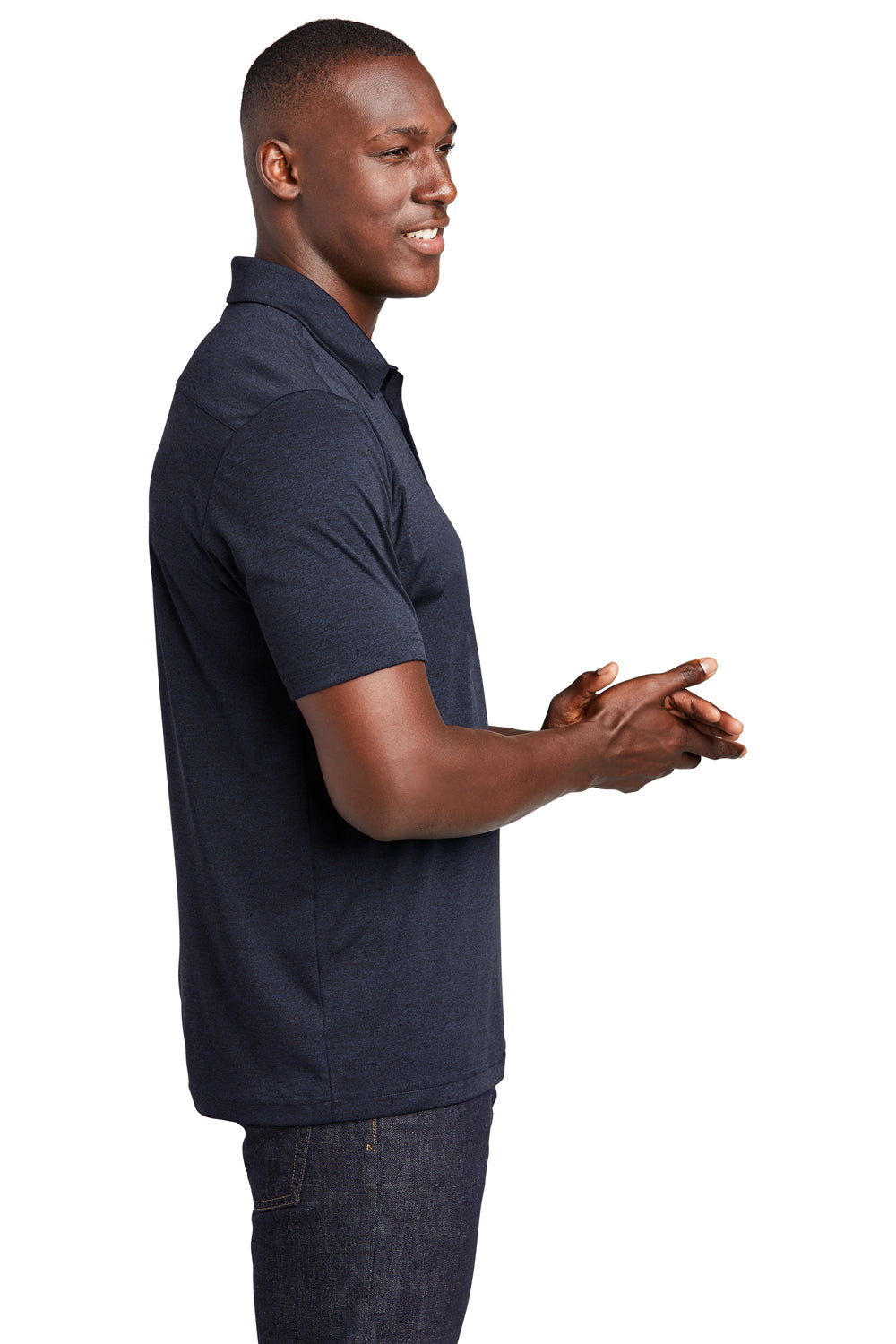 Sport-Tek ST467 Mens Endeavor Moisture Wicking Short Sleeve Polo Shirt Heather Deep Navy Blue Model Side